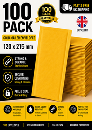100 x Size 2 - B/00 Pack Gold Bubble Mailers 120x215mm Padded Envelopes Bulk UK