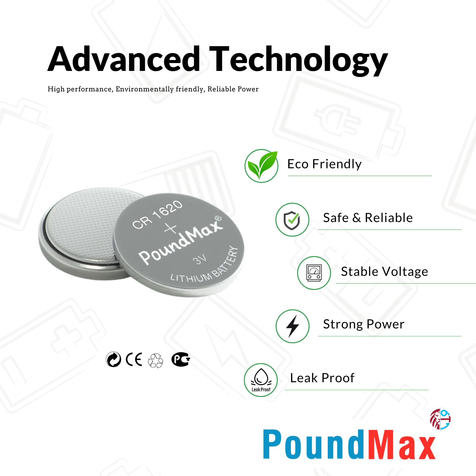 5 X 1620 CR1620 DL1620 ECR1620 3V PoundMax Lithium Coin Cell Batteries