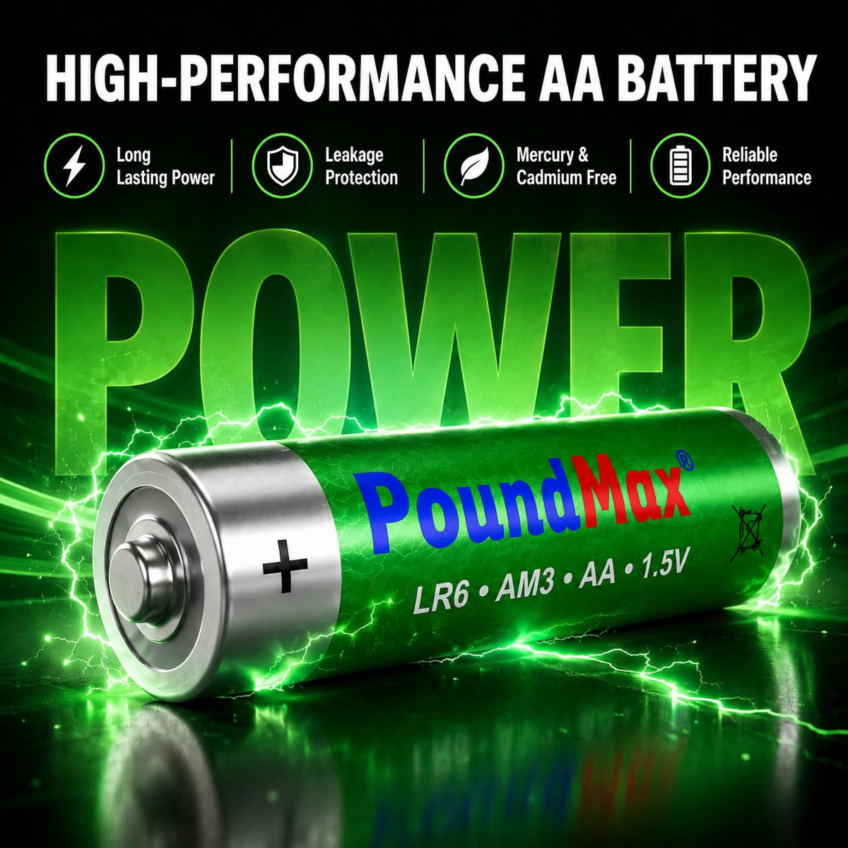 POUNDMAX AA LR6 Alkaline Batteries, 60 Pack