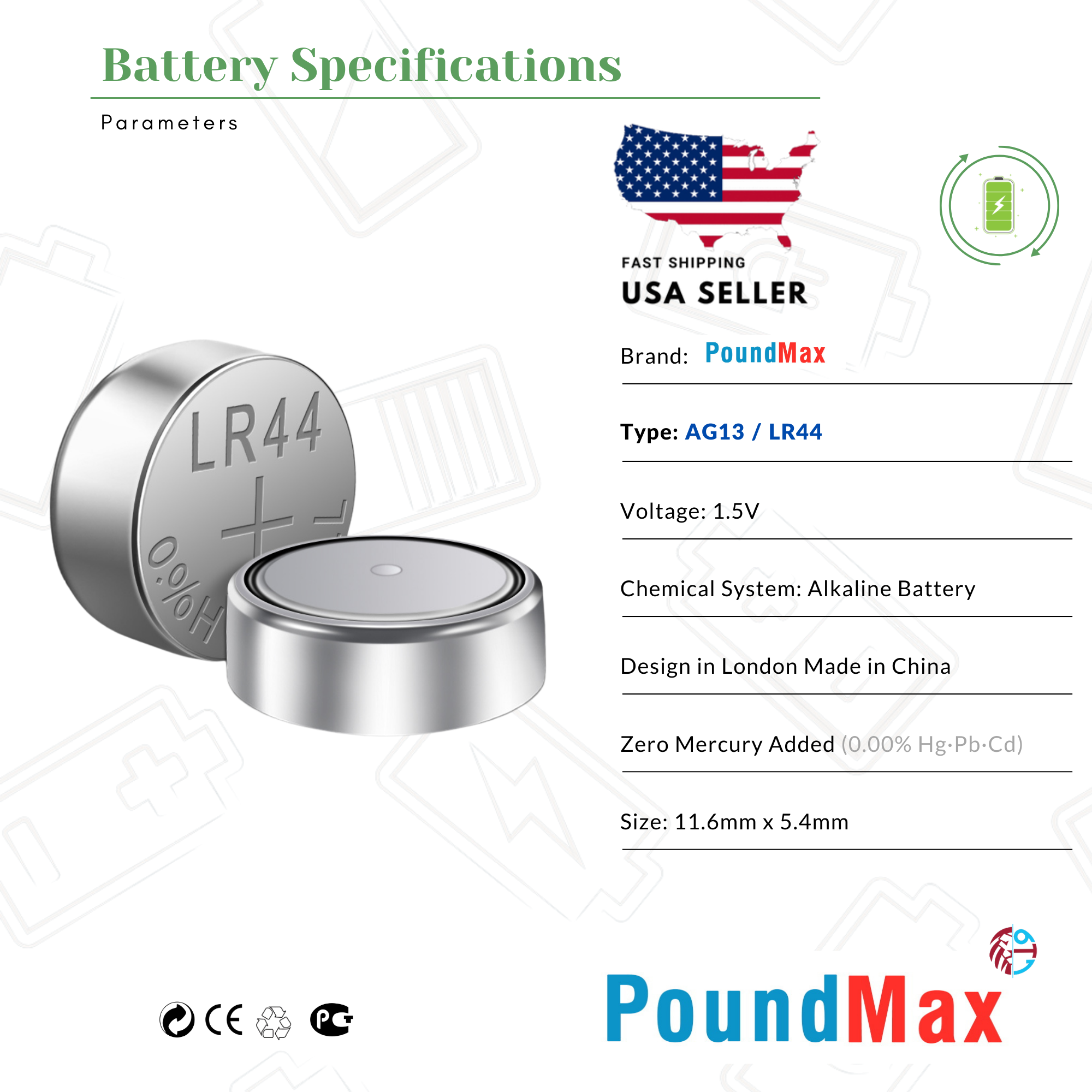 10 X SUPER AG13 LR44 SR44 L1154 A76 1.5V PoundMax ALKALINE BUTTON BATTERIES