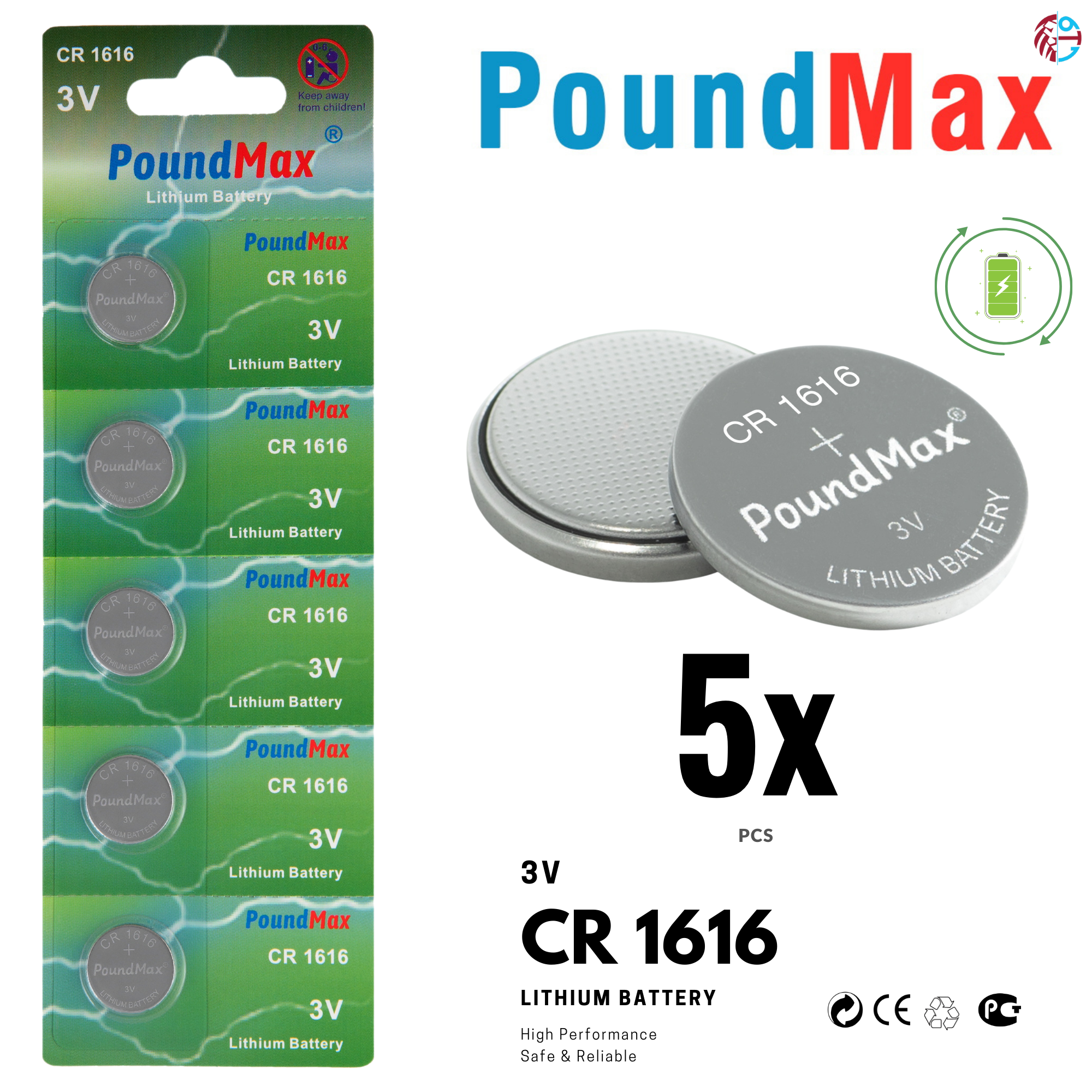 5 X 1616 CR1616 DL1616 ECR1616 3V PoundMax LITHIUM COIN CELL BATTERIES