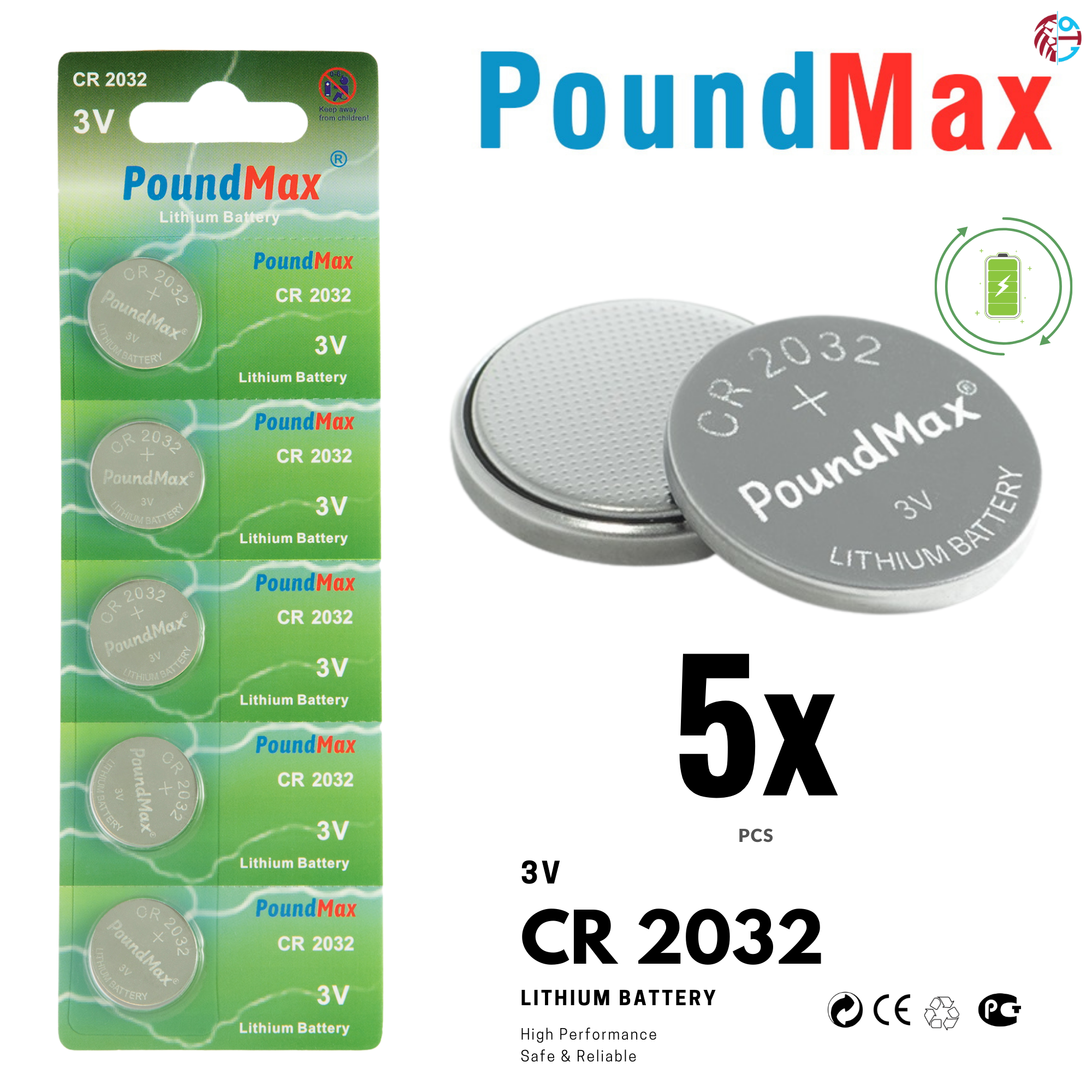 5 X PoundMax 2032 CR2032,DL2032,BR2032,KL2032 for Watch Car Key Remote Scale 3v