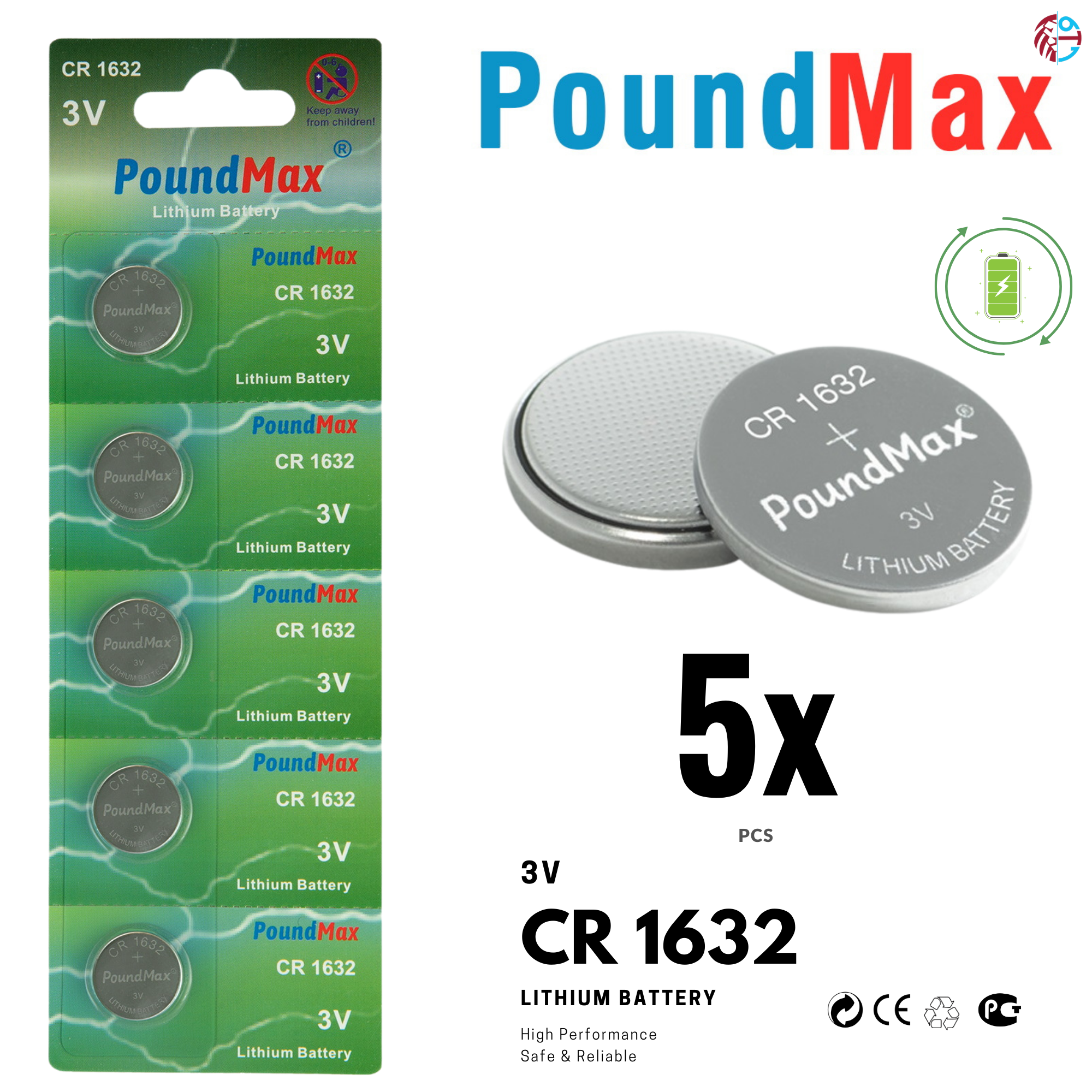 5 X 1632 CR1632 DL1632 KL1632 BR1632 L1632 PoundMax LITHIUM BUTTON CELL BATTERY