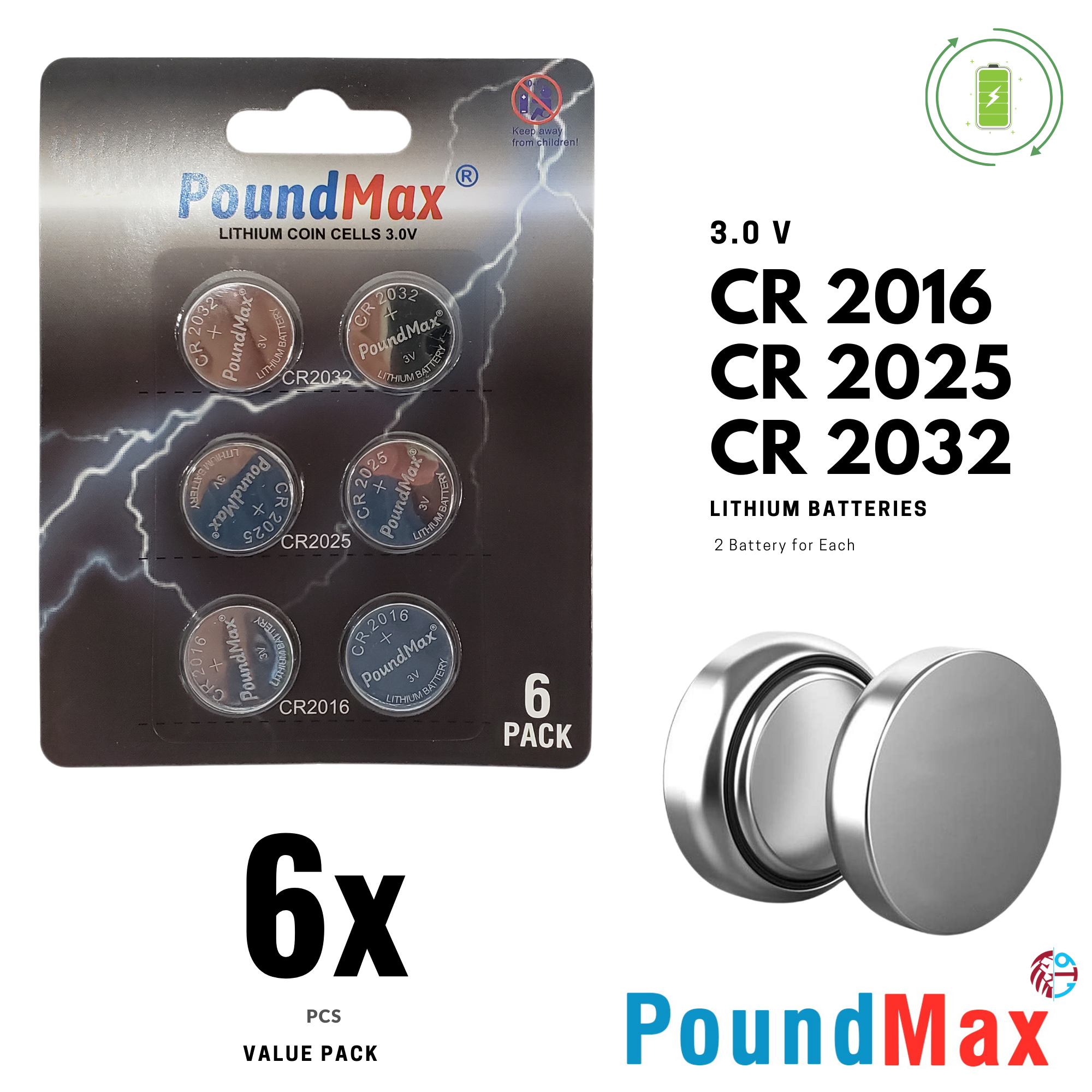 6 X PoundMax Mixed CR2032 CR2025 CR2016 3V Lithium Button Coin Cell Battery