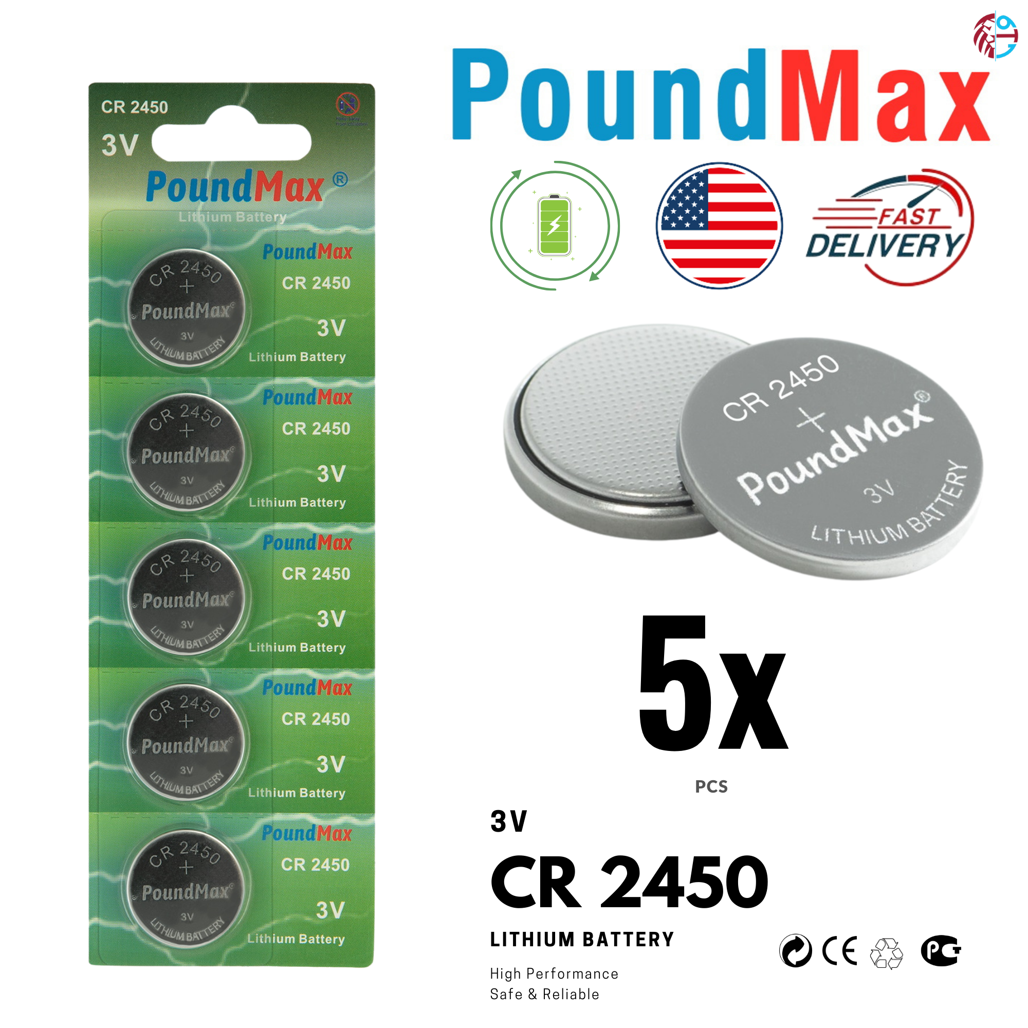 5 x 2450 CR2450 DL2450 ECR2450 3v PoundMax Lithium Button Cell Batteries