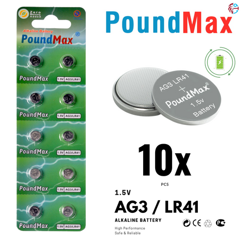 PoundMax AG3 LR41 SR41 392 1.5V Alkaline Button Cell Battery | Pack of 10