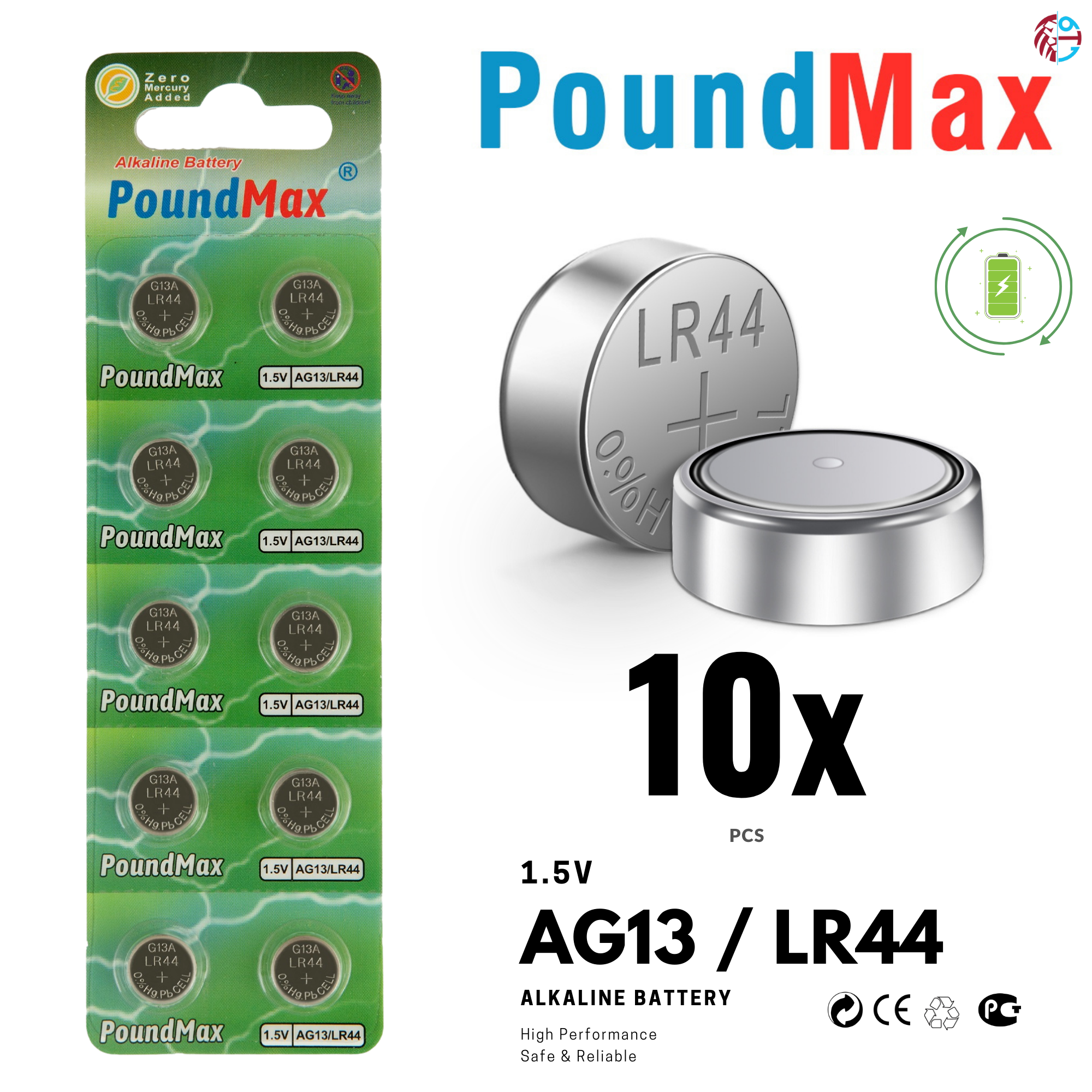 10 X SUPER AG13 LR44 SR44 L1154 A76 1.5V PoundMax ALKALINE BUTTON BATTERIES