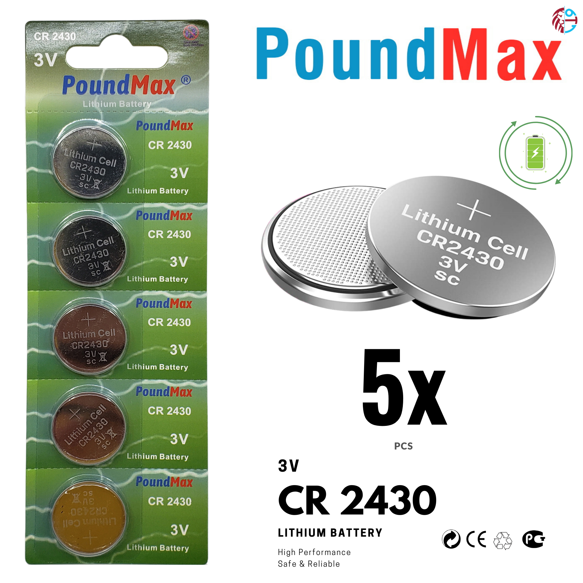 5 x 2430 CR2430 DL2430 ECR2430 3v PoundMax Lithium Button Cell Batteries