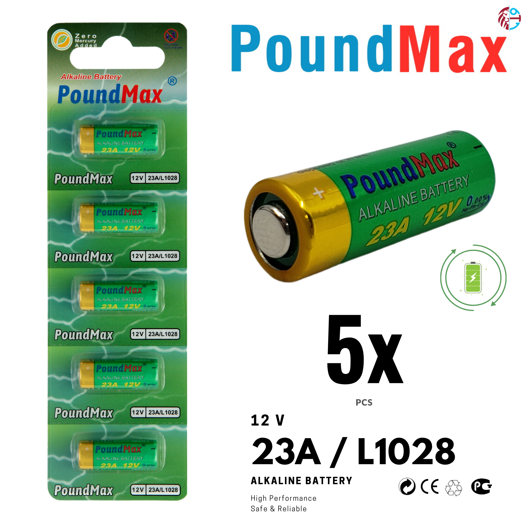 5 x A23 P23GA 23AE 12v MN21 k23A LRV08 23A 12V PoundMax Alkaline Security Batteries
