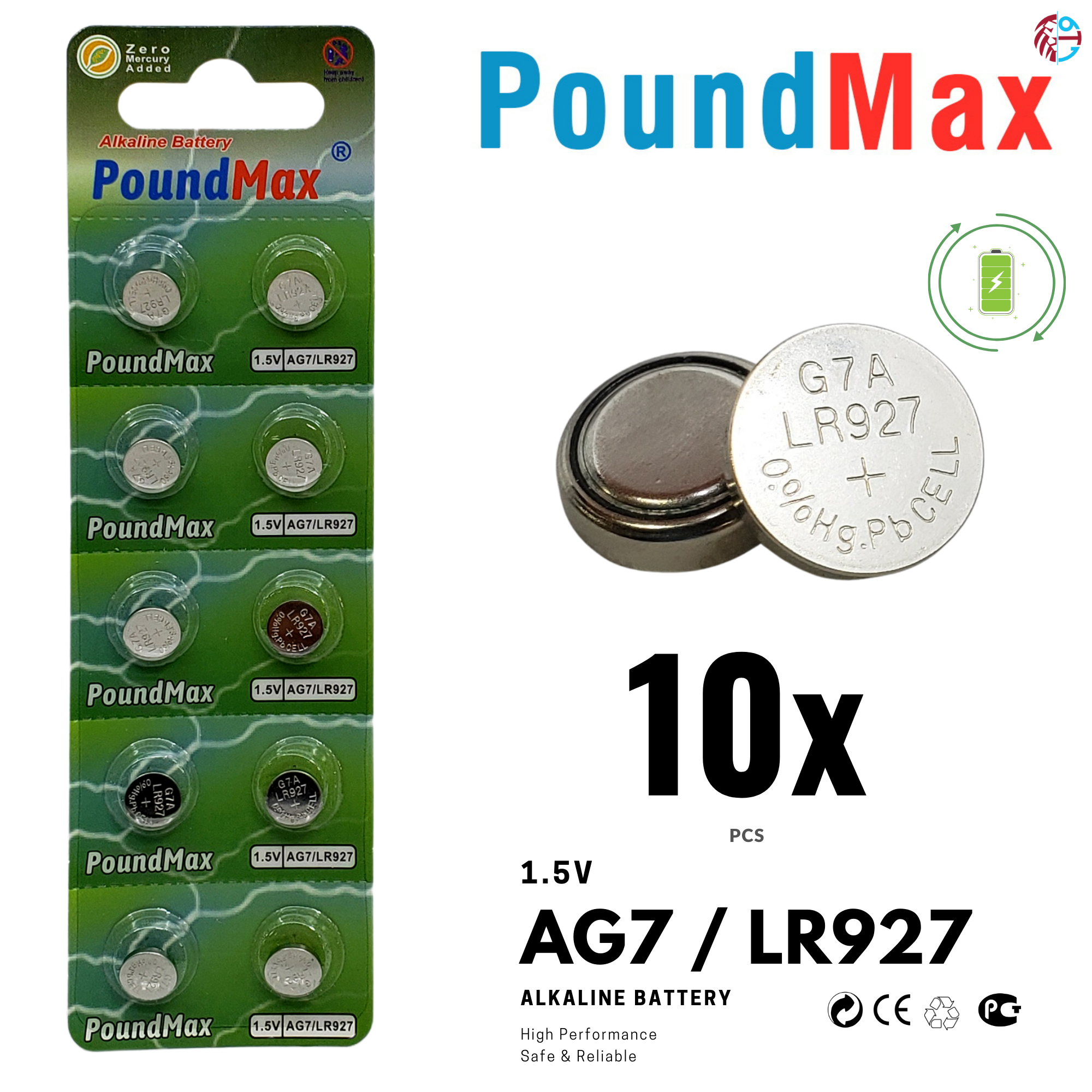10 X AG7 Super LR927 LR57 395 399 SR927W SR57 PoundMax ALKALINE BUTTON BATTERY