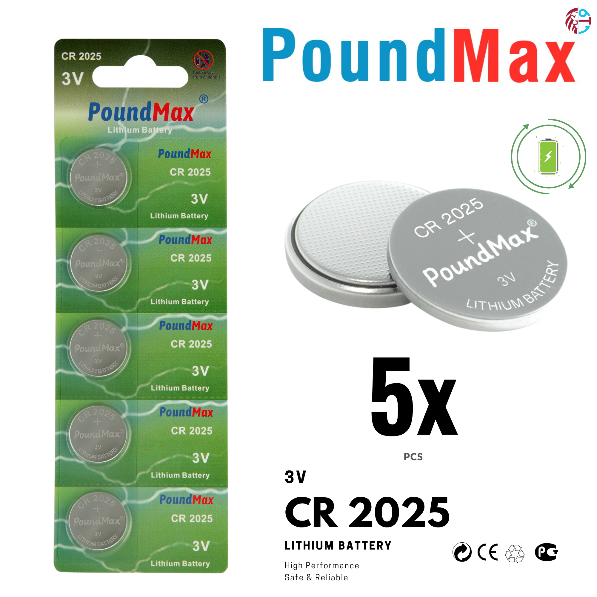 5 X 2025 CR2025 DL2025 ECR2025 3V POUNDMAX LITHIUM COIN CELL BATTERIES