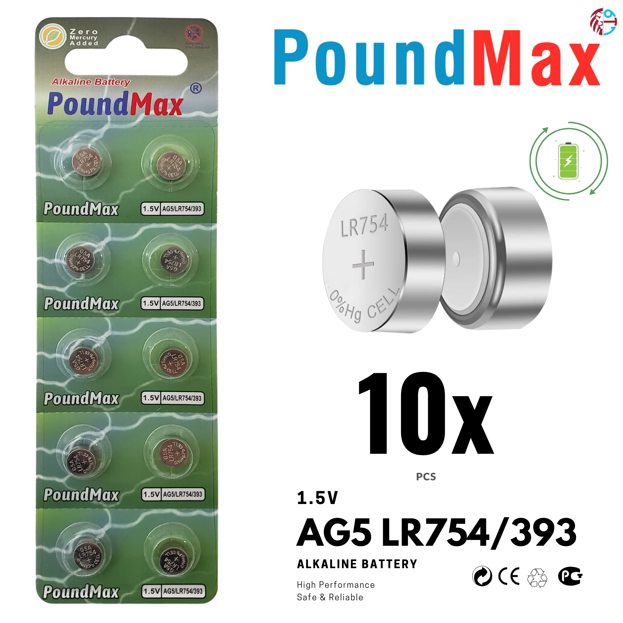10 X AG5 LR754 LR750 LR754W 393 SR754 193 546 RW28 1.5v PoundMax Alkaline Battery