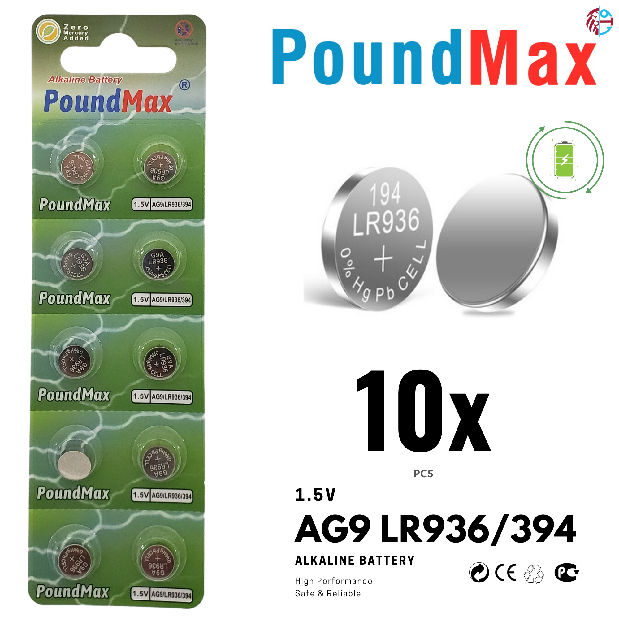 10 X AG9 394 LR45 LR936 SR936W SR936 1.5v PoundMax ALKALINE BATTERY