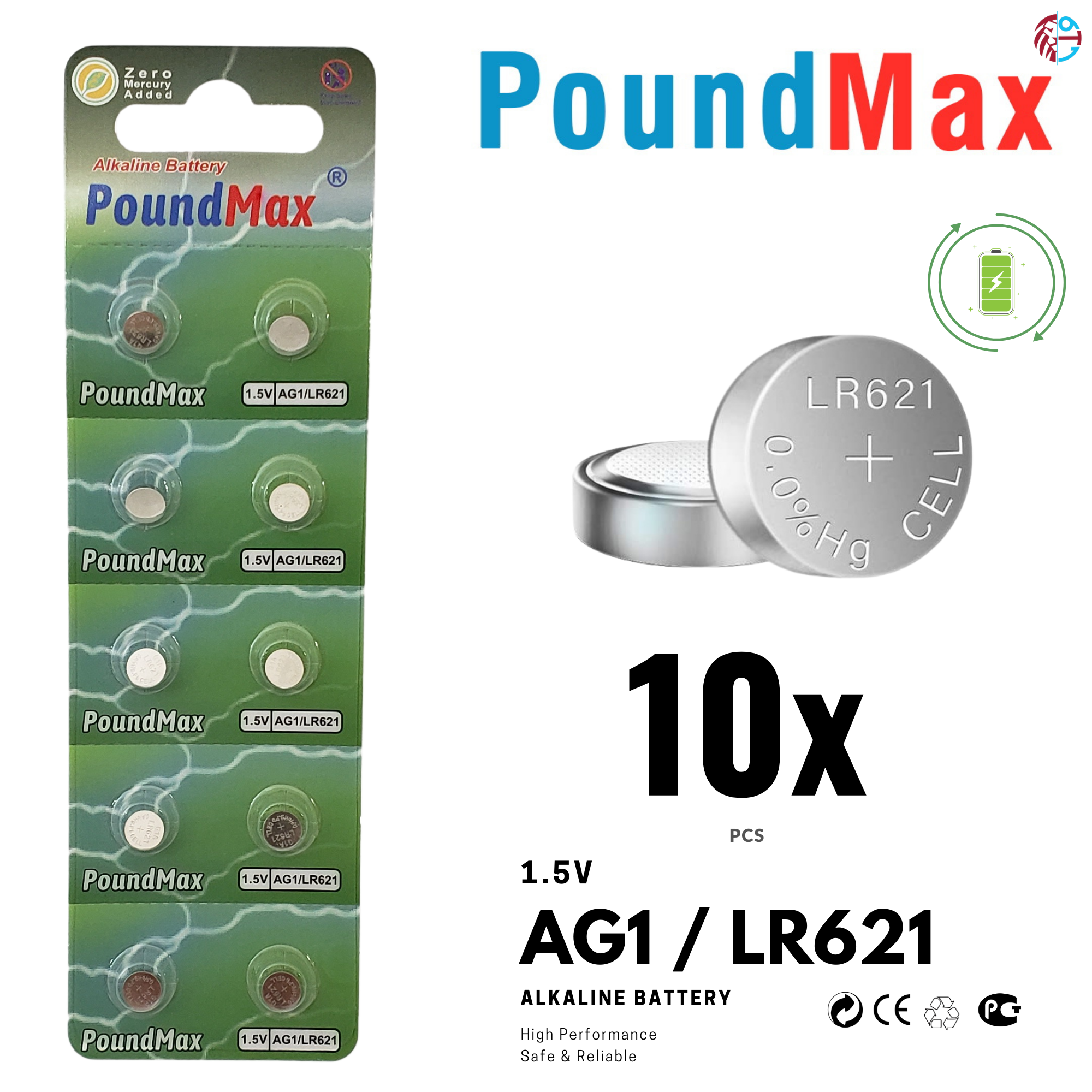 10 X AG1 364 363 LR621 SR621SW 1.5v PoundMax ALKALINE BUTTON CELL BATTERY