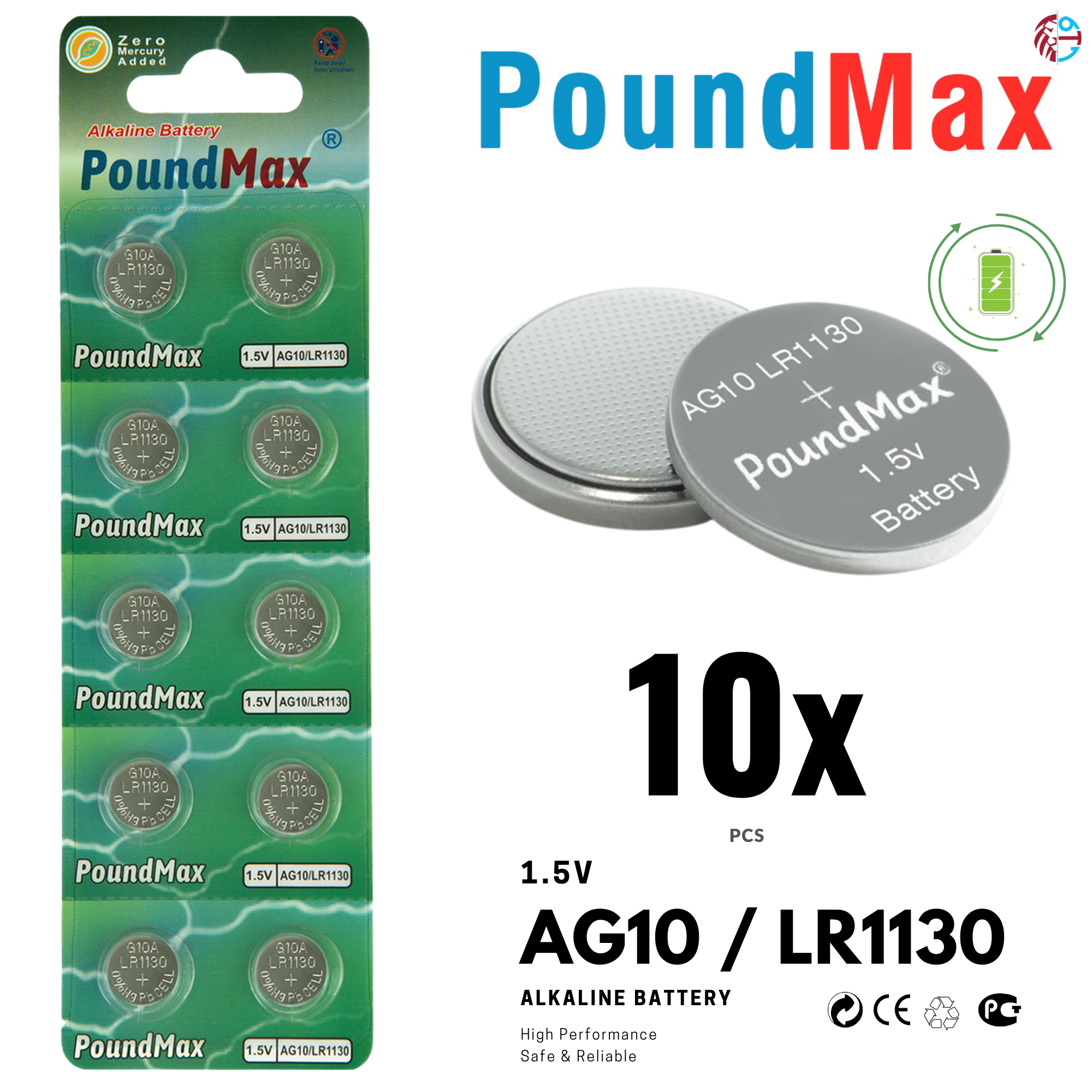 10 X PoundMax AG10, LR1130 LR54 1.5v ALKALINE BUTTON Battery
