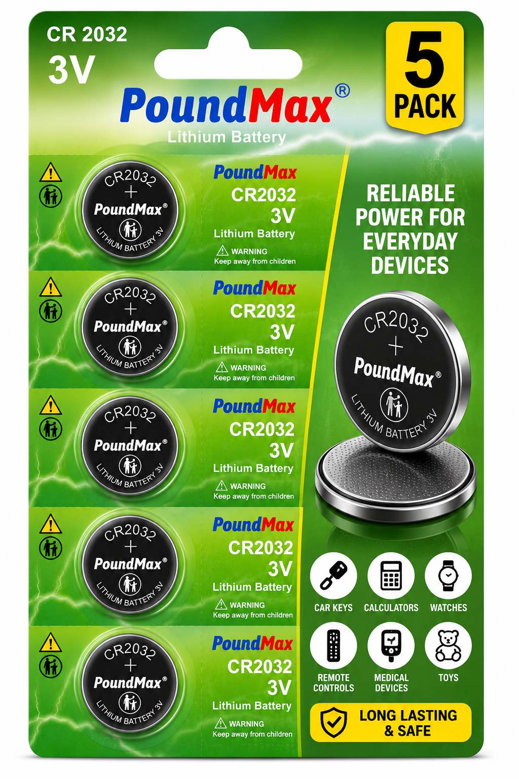5 X PoundMax 2032 CR2032,DL2032,BR2032,KL2032 for Watch Car Key Remote Scale 3v