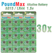30 X PoundMax AG13 LR44 SR44 L1154 A76 1.5V ALKALINE BUTTON BATTERIES