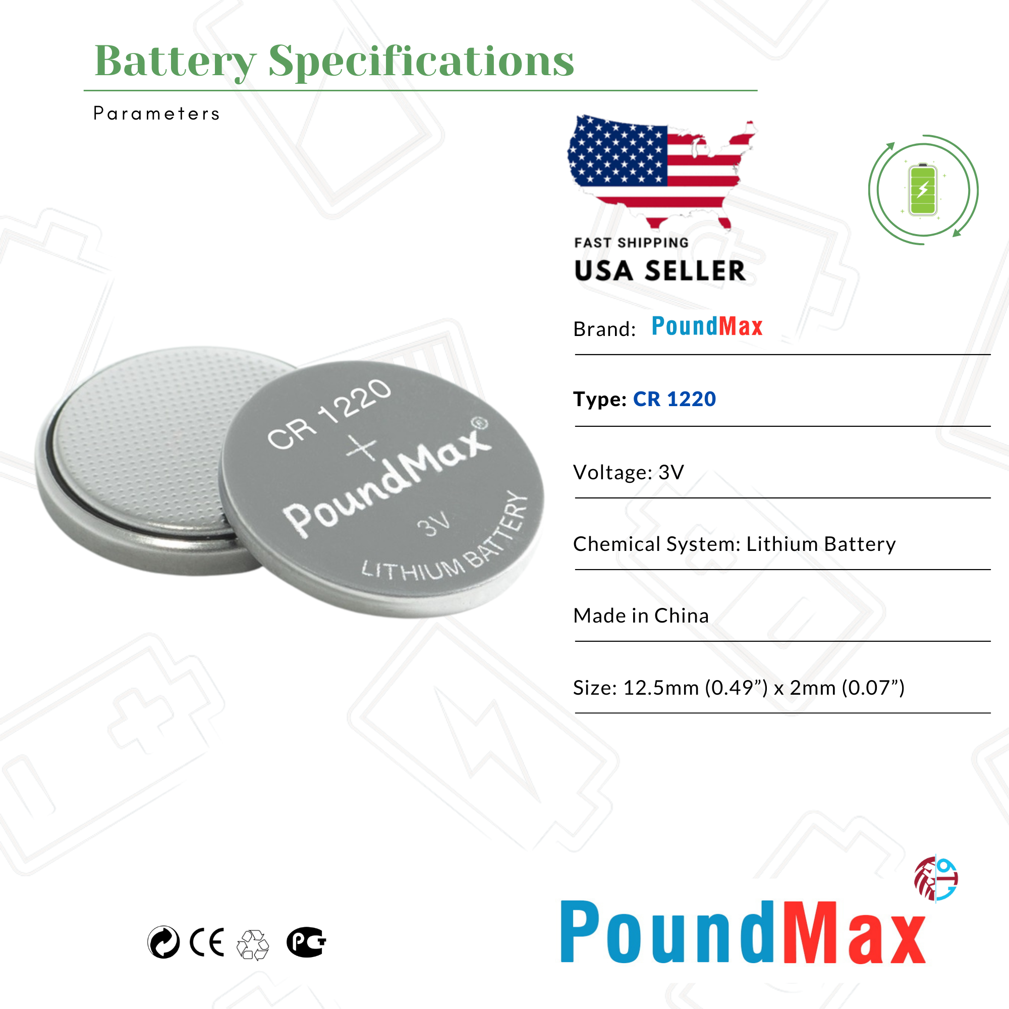 5 X CR1220, 1220, BR1220, DL1220, ECR1220 PoundMax Lithium Coin Cell Batteries