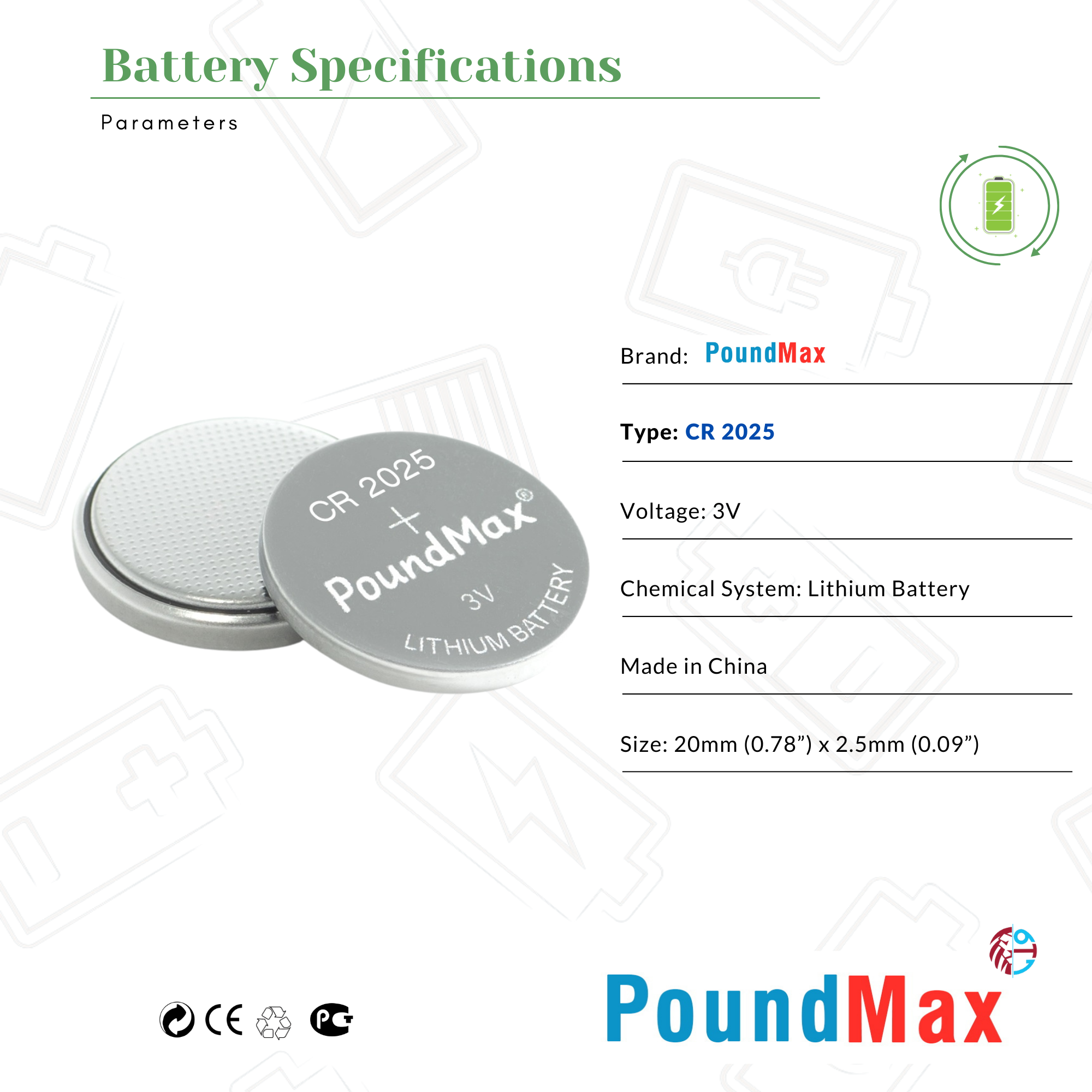 5 X 2025 CR2025 DL2025 ECR2025 3V POUNDMAX LITHIUM COIN CELL BATTERIES