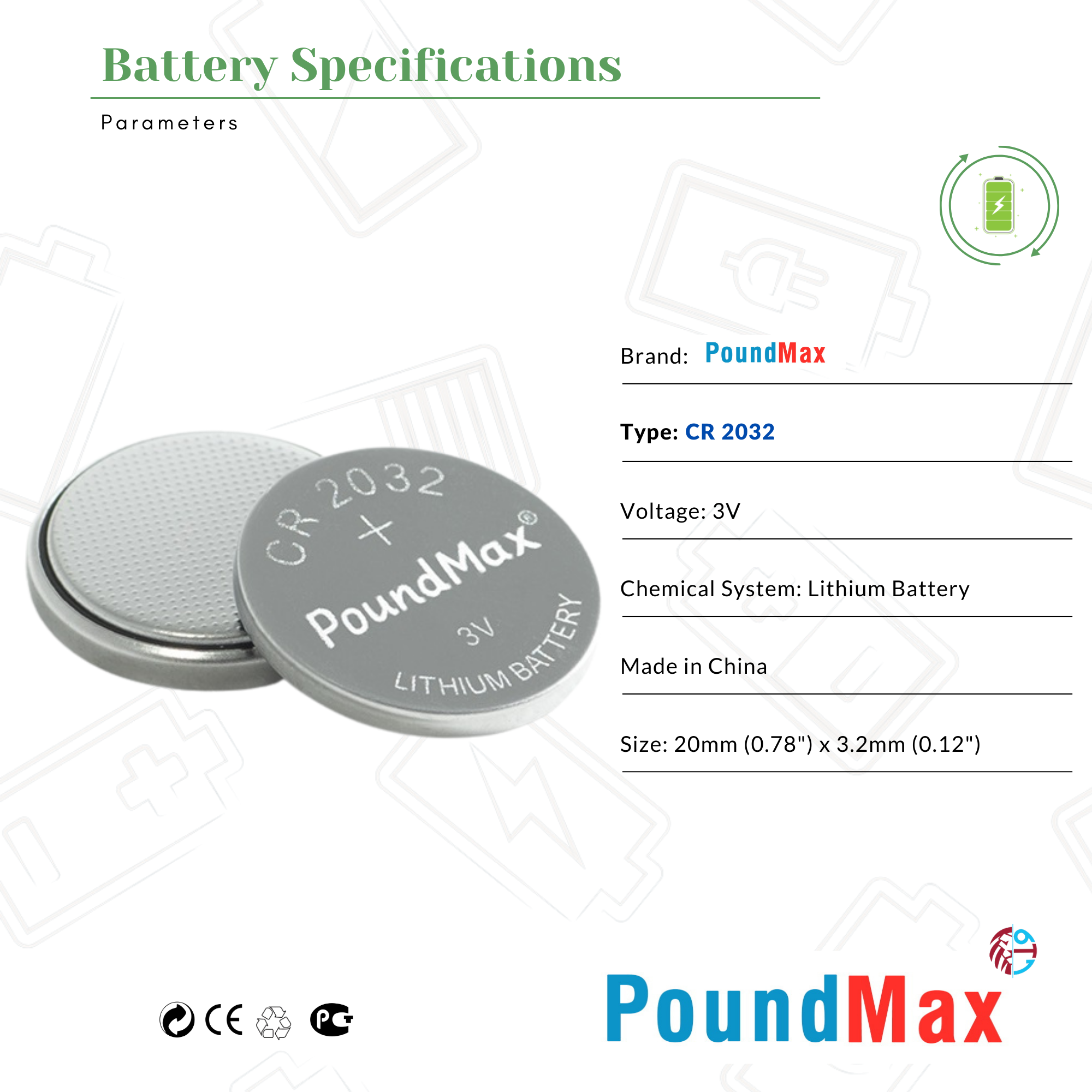 20 X PoundMax 2032 CR2032,DL2032,BR2032,KL2032 for Watch Car Key Remote Scale 3v