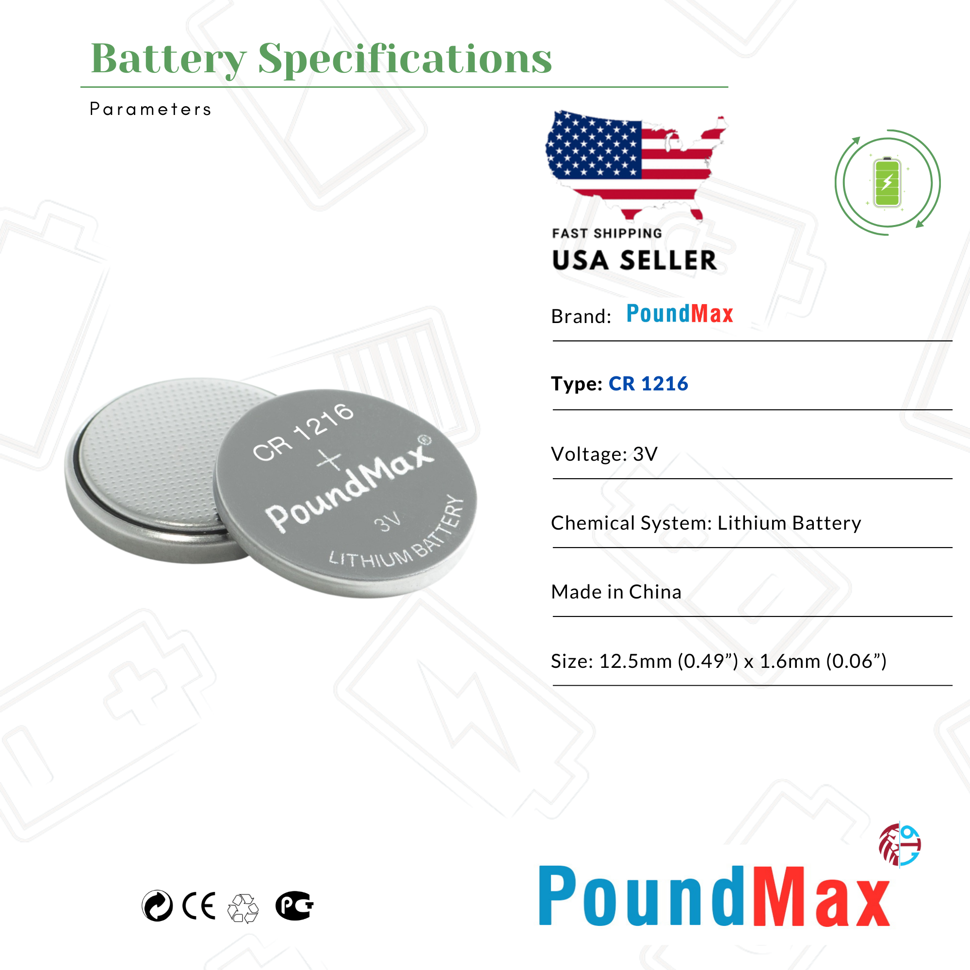 5 X 1216 CR1216 DL1216 KCR1216, BR1216 3V PoundMax Lithium Coin Cell Battery