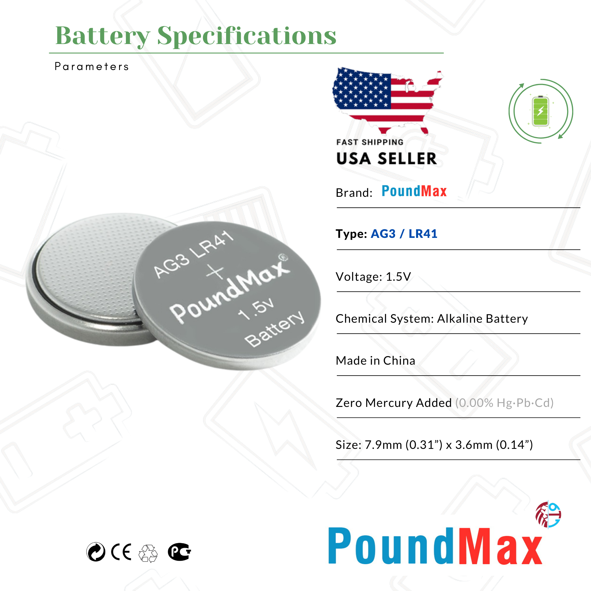 10 X AG3 PoundMax LR41 AG3 SR41 192 392 1.5v ALKALINE BUTTON BATTERY