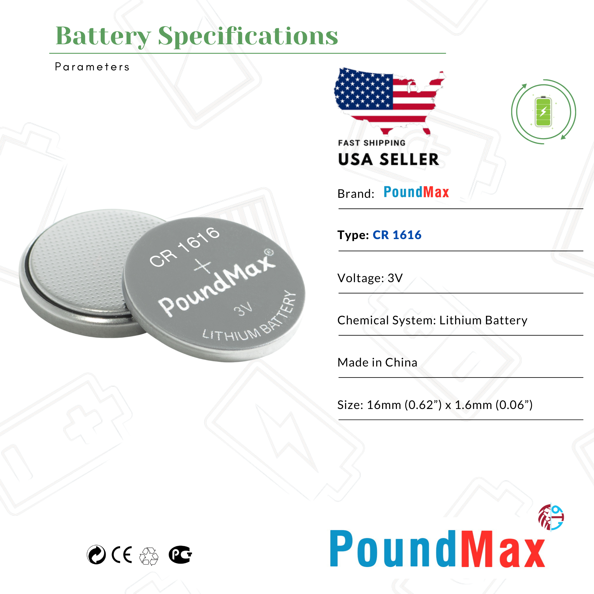 5 X 1616 CR1616 DL1616 ECR1616 3V PoundMax LITHIUM COIN CELL BATTERIES