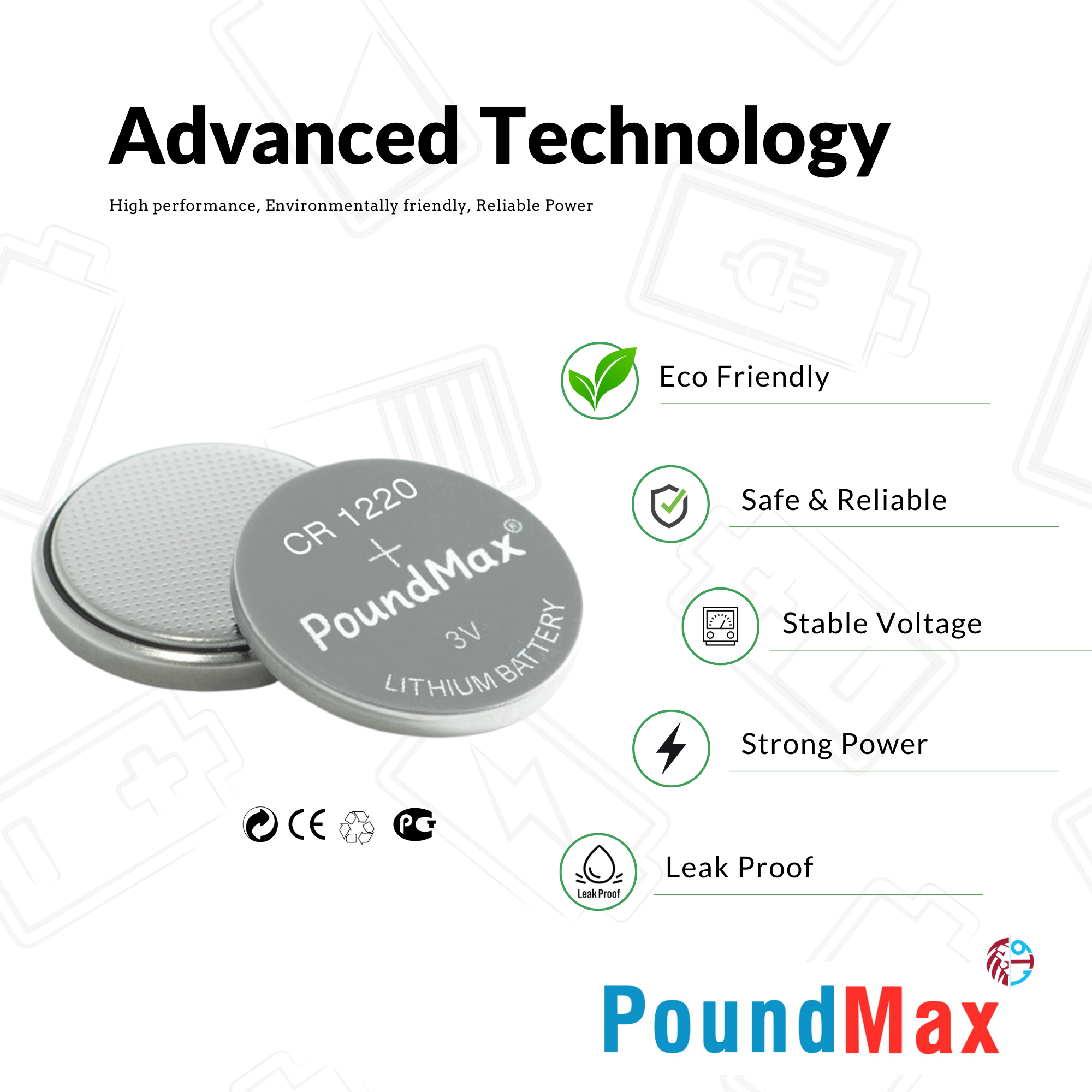 5 X CR1220, 1220, BR1220, DL1220, ECR1220 PoundMax Lithium Coin Cell Batteries