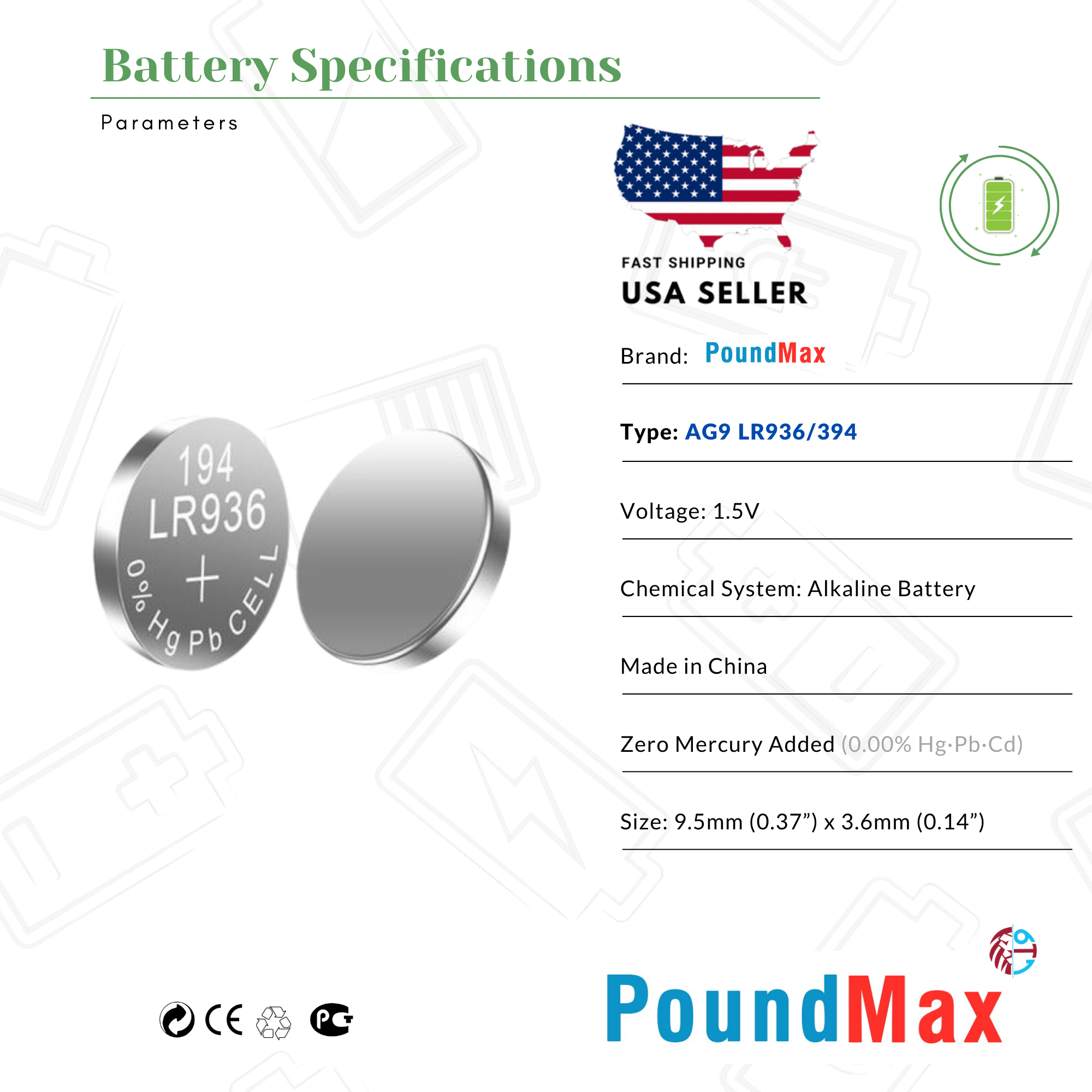 10 X AG9 394 LR45 LR936 SR936W SR936 1.5v PoundMax ALKALINE BATTERY