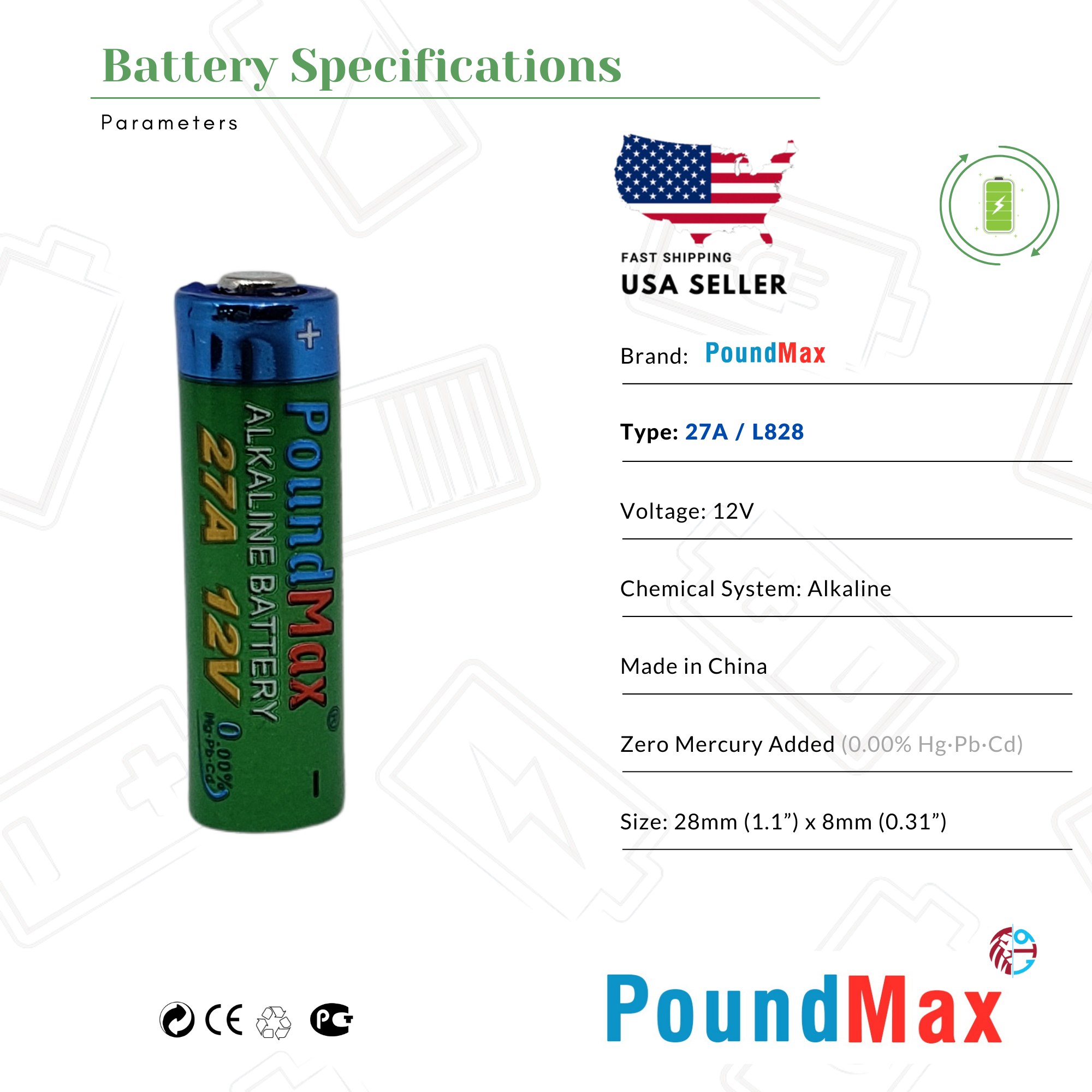 5 x 27A Alkaline 27A 12v GP27A MN27 A27 PoundMax Security Batteries