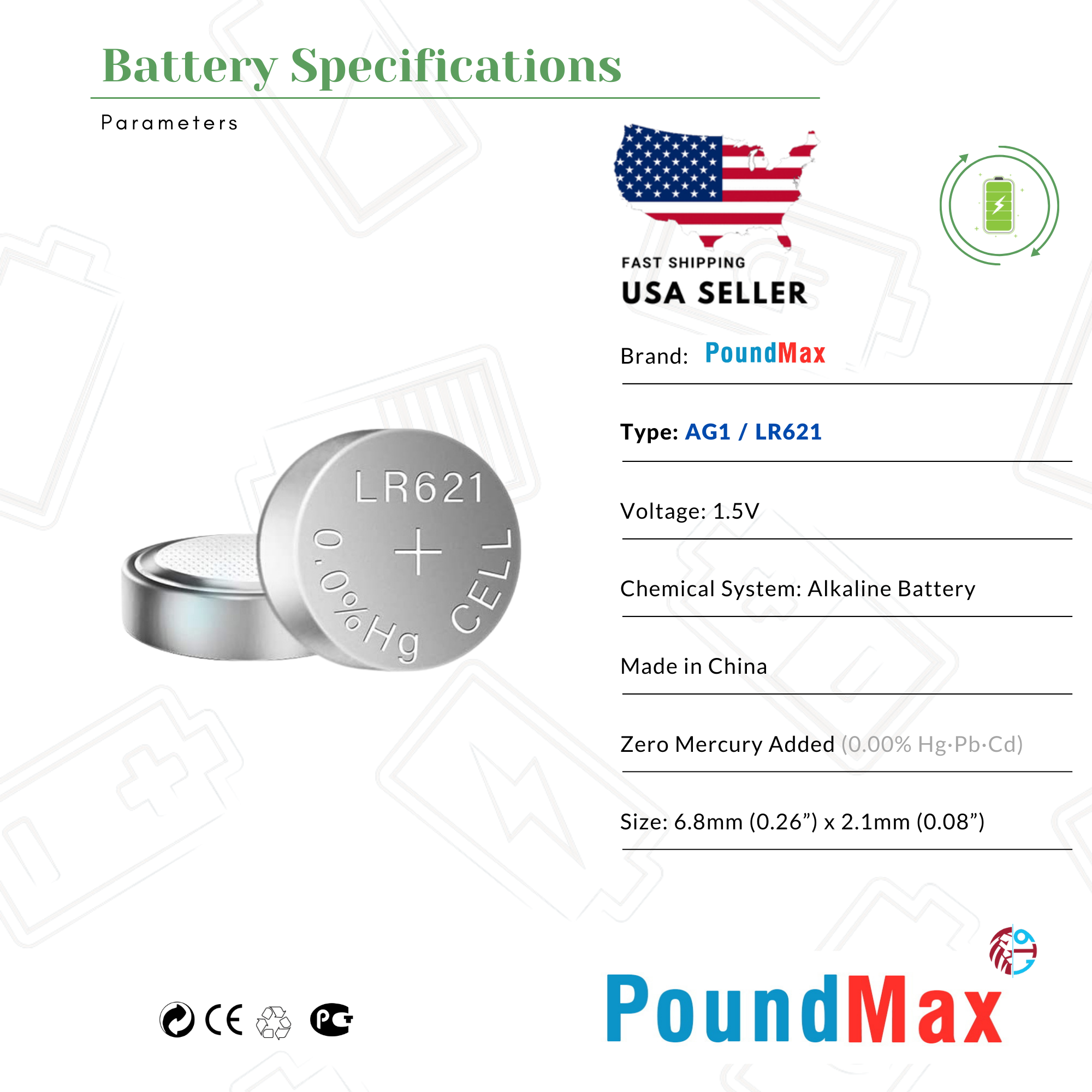 10 X AG1 364 363 LR621 SR621SW 1.5v PoundMax ALKALINE BUTTON CELL BATTERY