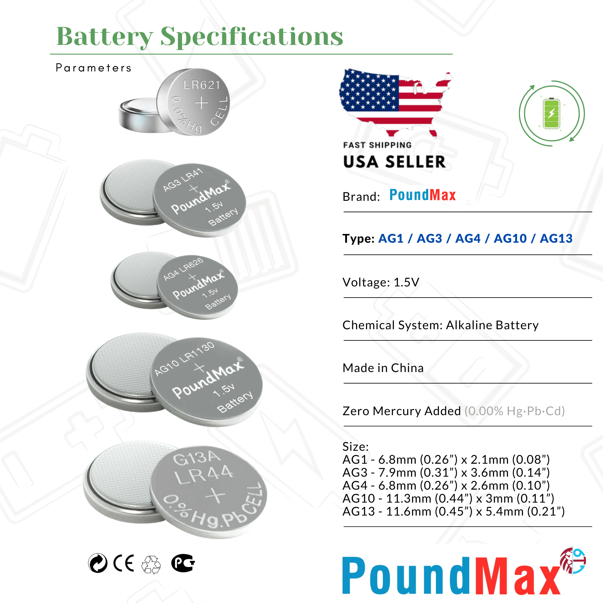 20 x AG1 AG3 AG4 AG10 AG13 LR1130 PoundMax  Button Cell Alkaline Mixed Battery