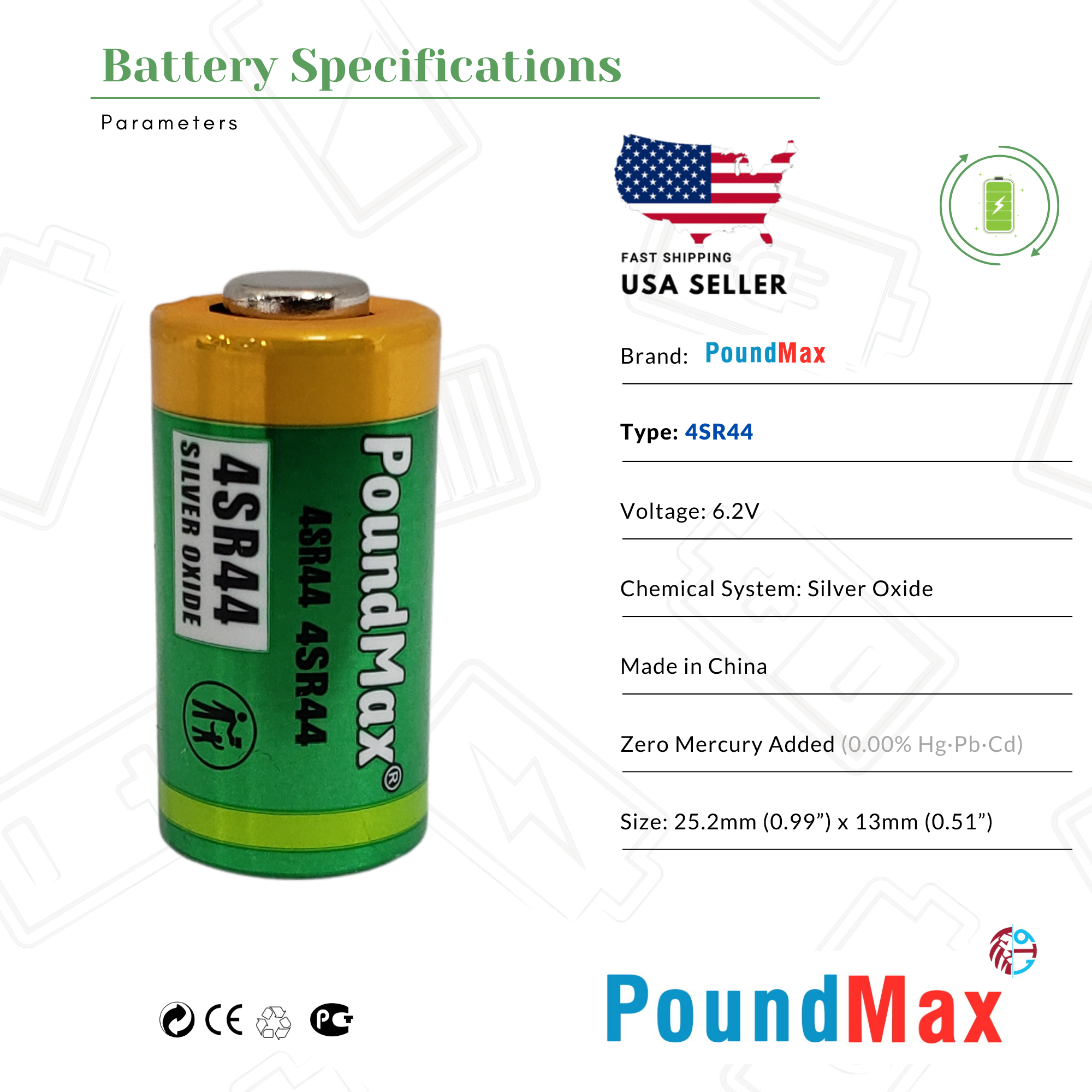 4SR44 ,PX28s,544,4LR44 6.2V PoundMax Silver Oxide Battery