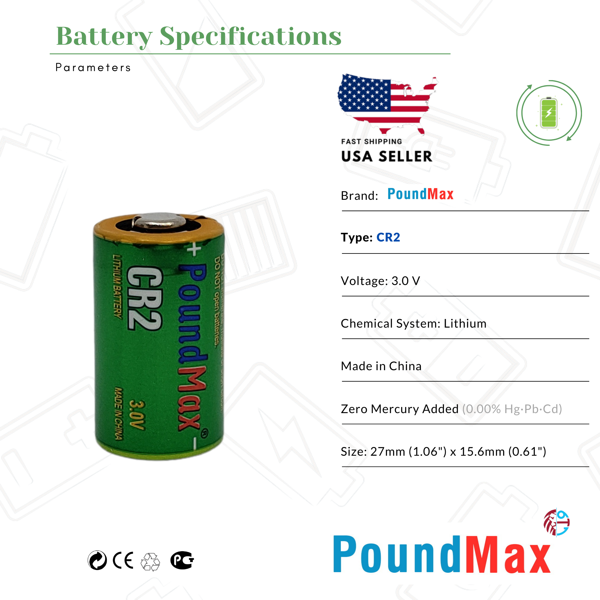 CR2 PoundMax 3V LITHIUM Ultra Photo Batteries DLCR2 CR15270 EL1CR2, CR2L