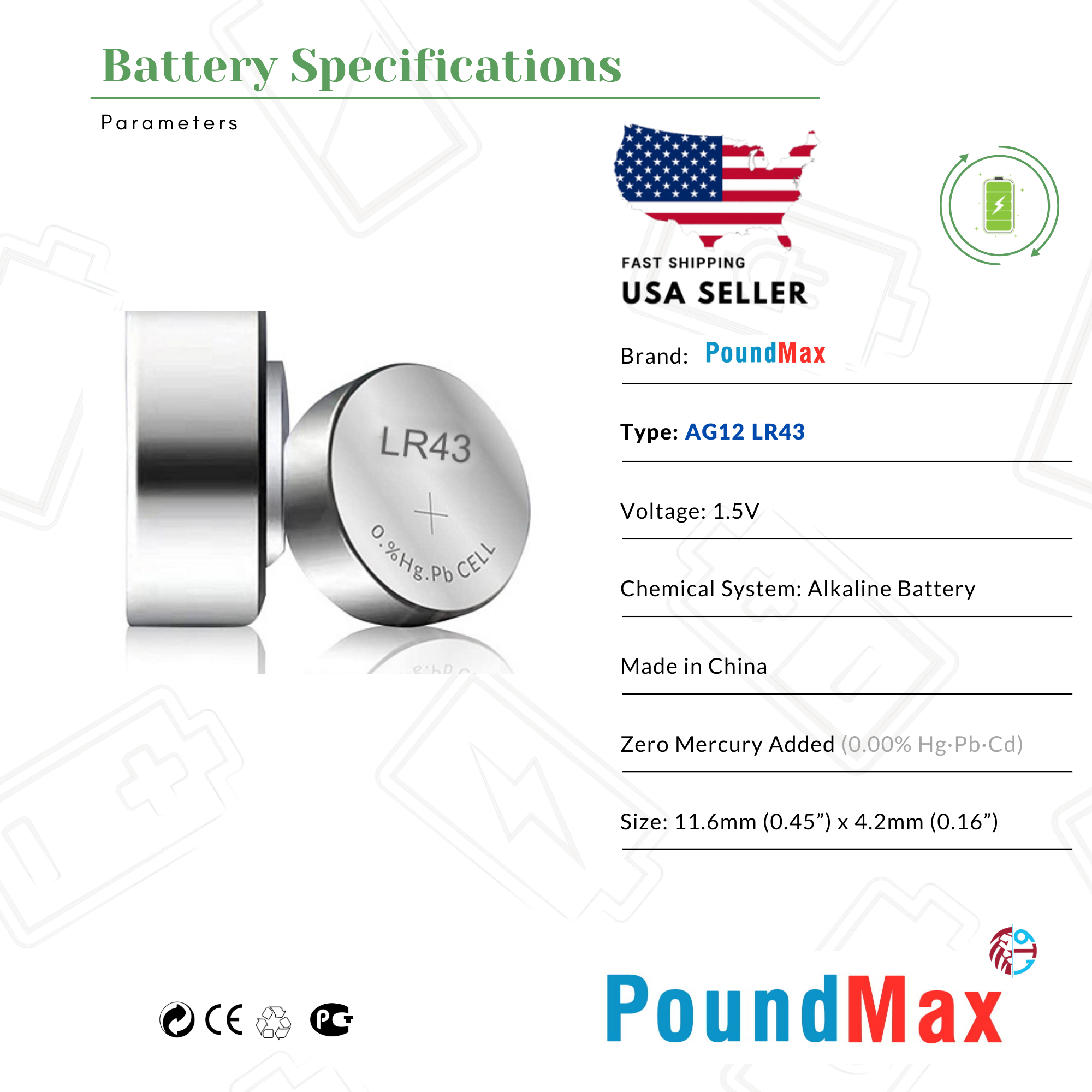 10 x Super AG12 LR43 LR1142 G12A 186 1.5V PoundMax ALKALINE BUTTON BATTERIES