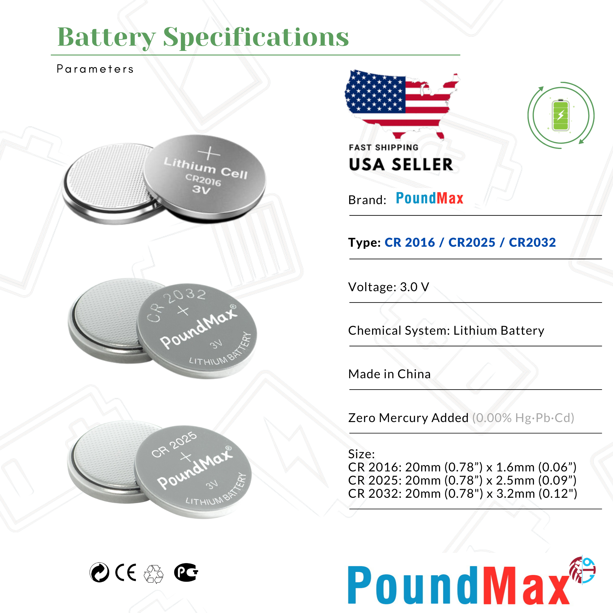 6 X PoundMax Mixed CR2032 CR2025 CR2016 3V Lithium Button Coin Cell Battery