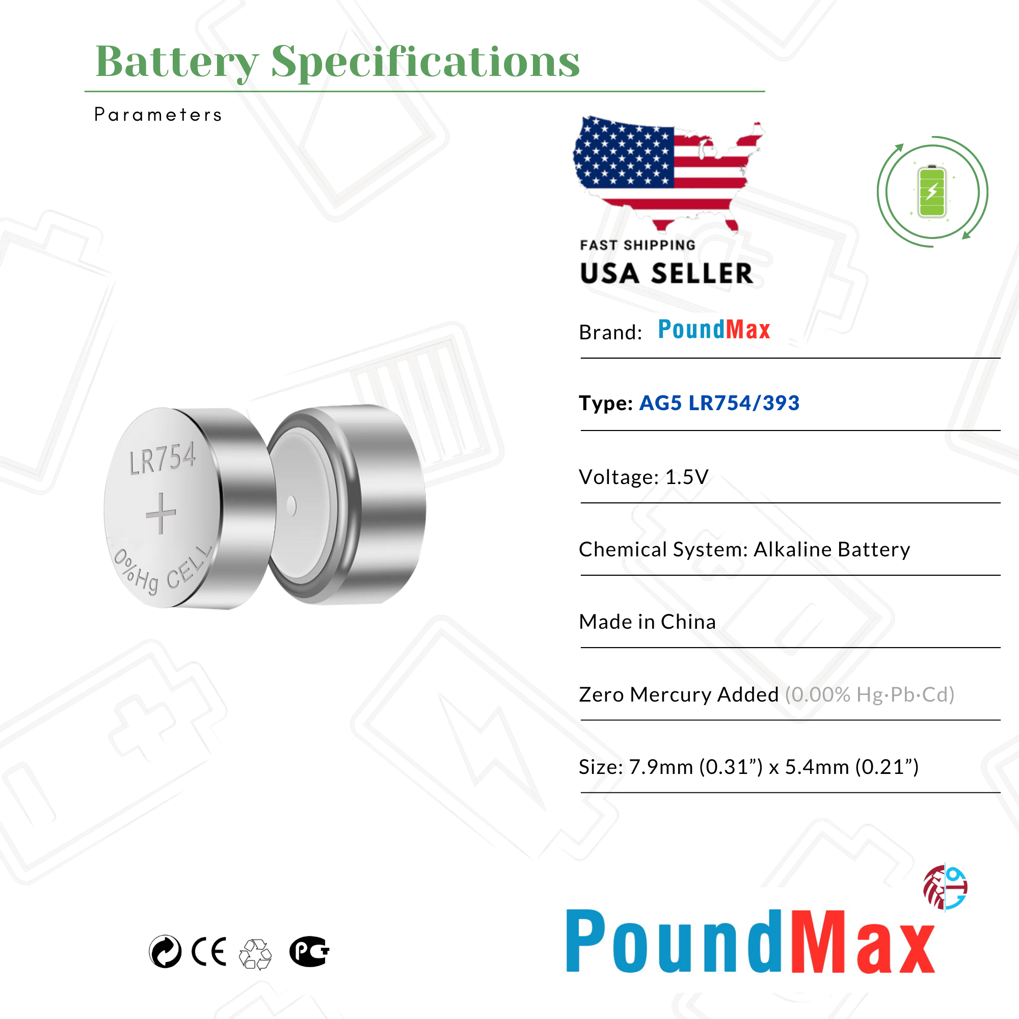 10 X AG5 LR754 LR750 LR754W 393 SR754 193 546 RW28 1.5v PoundMax Alkaline Battery