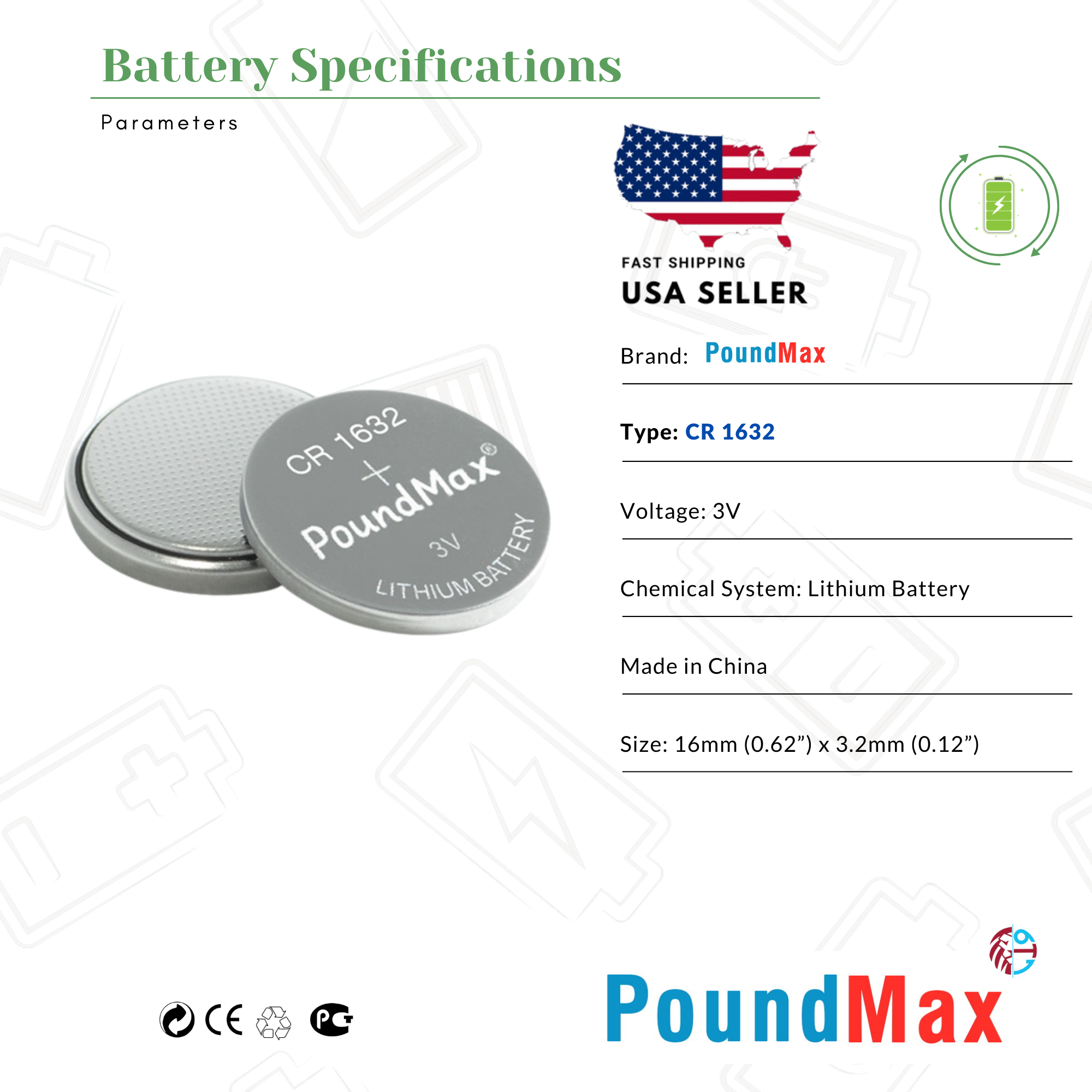 5 X 1632 CR1632 DL1632 KL1632 BR1632 L1632 PoundMax LITHIUM BUTTON CELL BATTERY