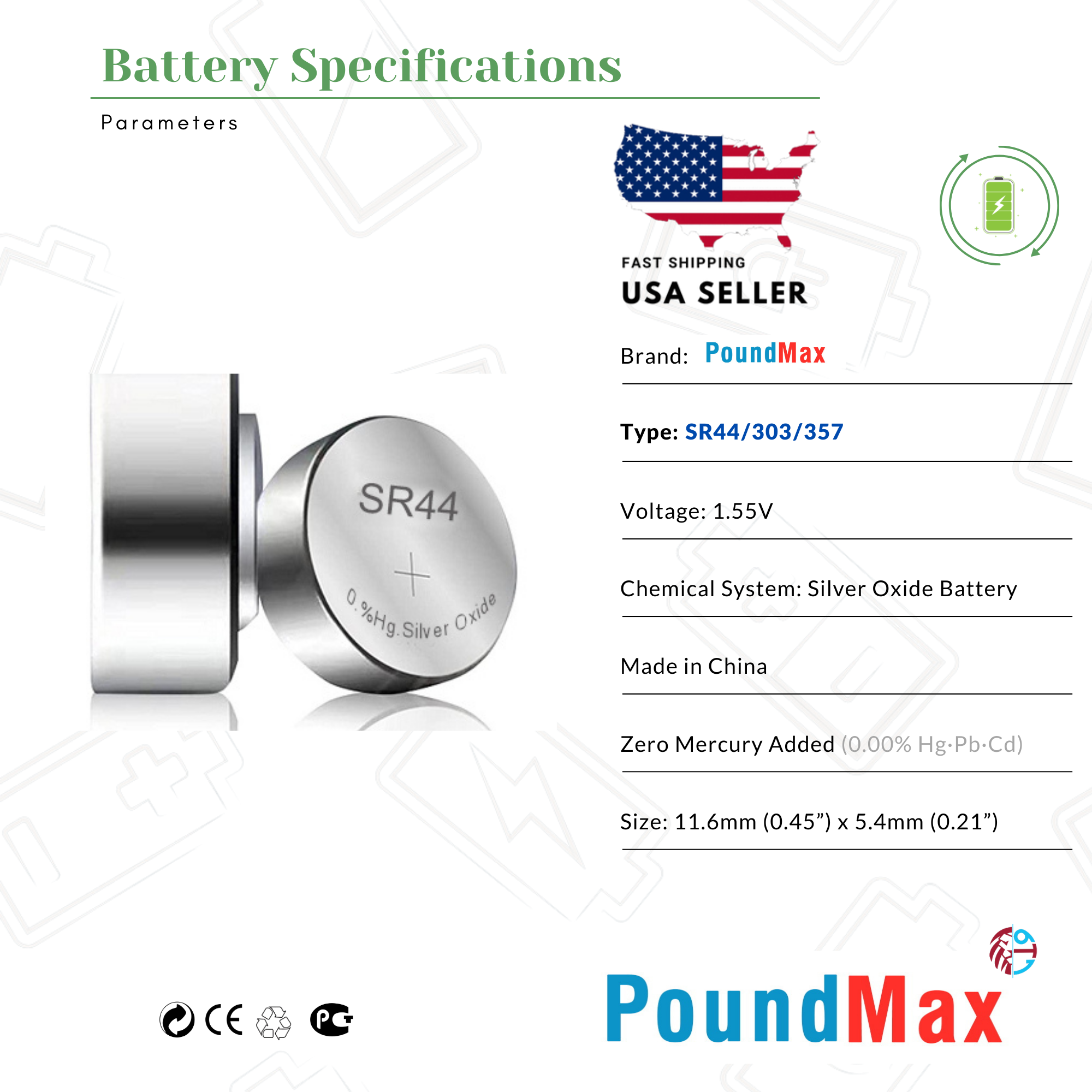 10 x Super SR44 357 303 1.55 V PoundMax Silver Oxide Button Cell Battery