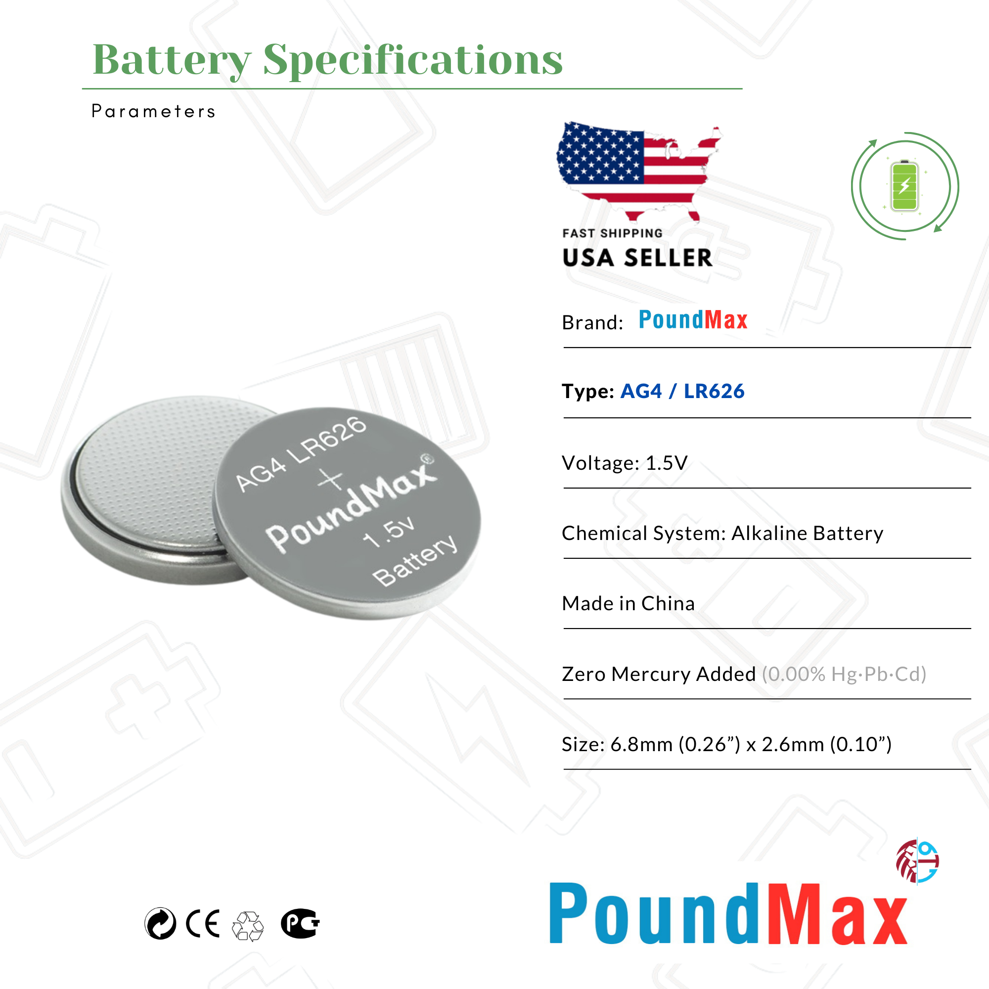 10 X AG4 376 377 LR66 SR626 SR626SW 1.5v PoundMax for Watches, Calcultors