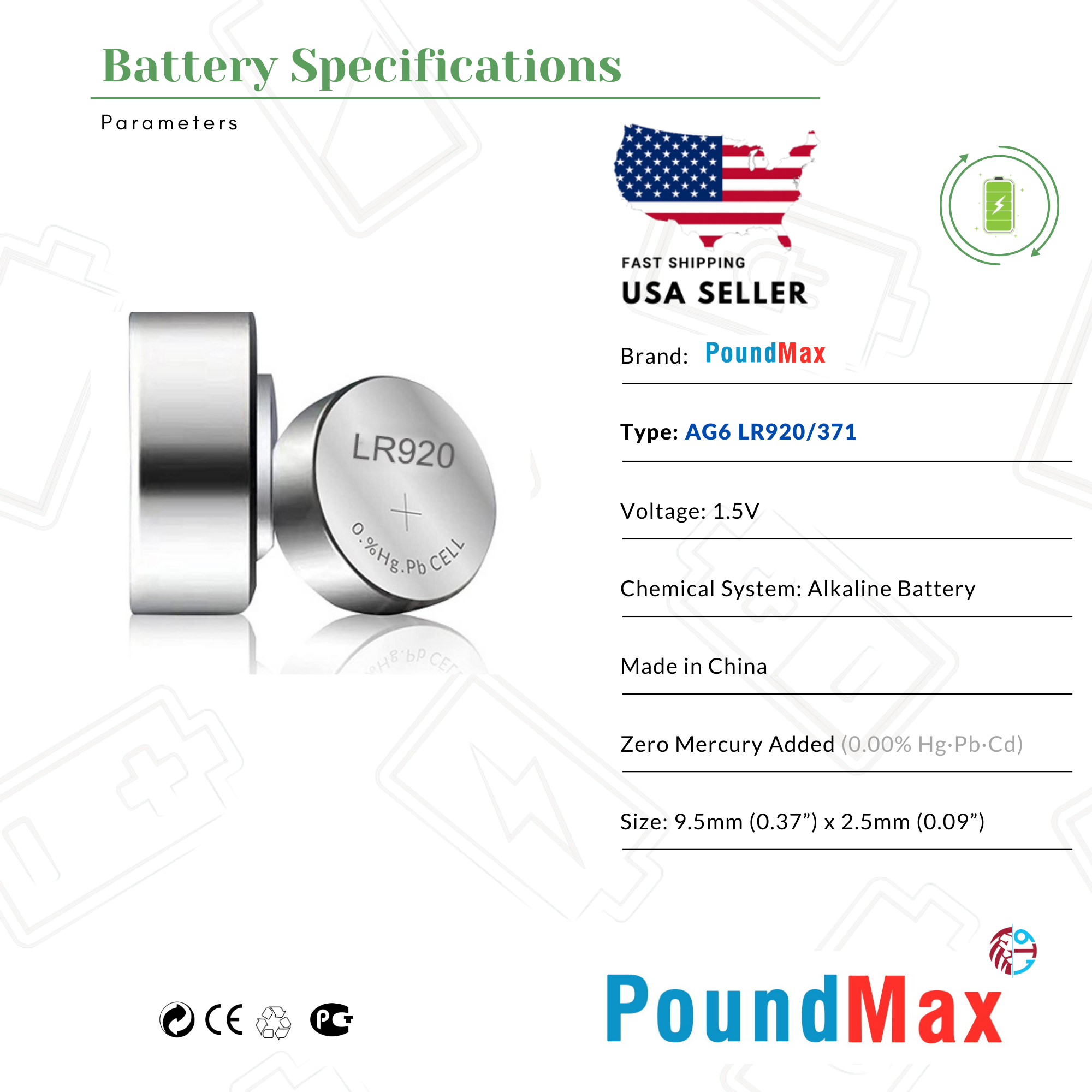 10 x AG6 370 371 LR921 LR69 SR920SW LR920 1.5v PoundMax ALKALINE BUTTON BATTERY