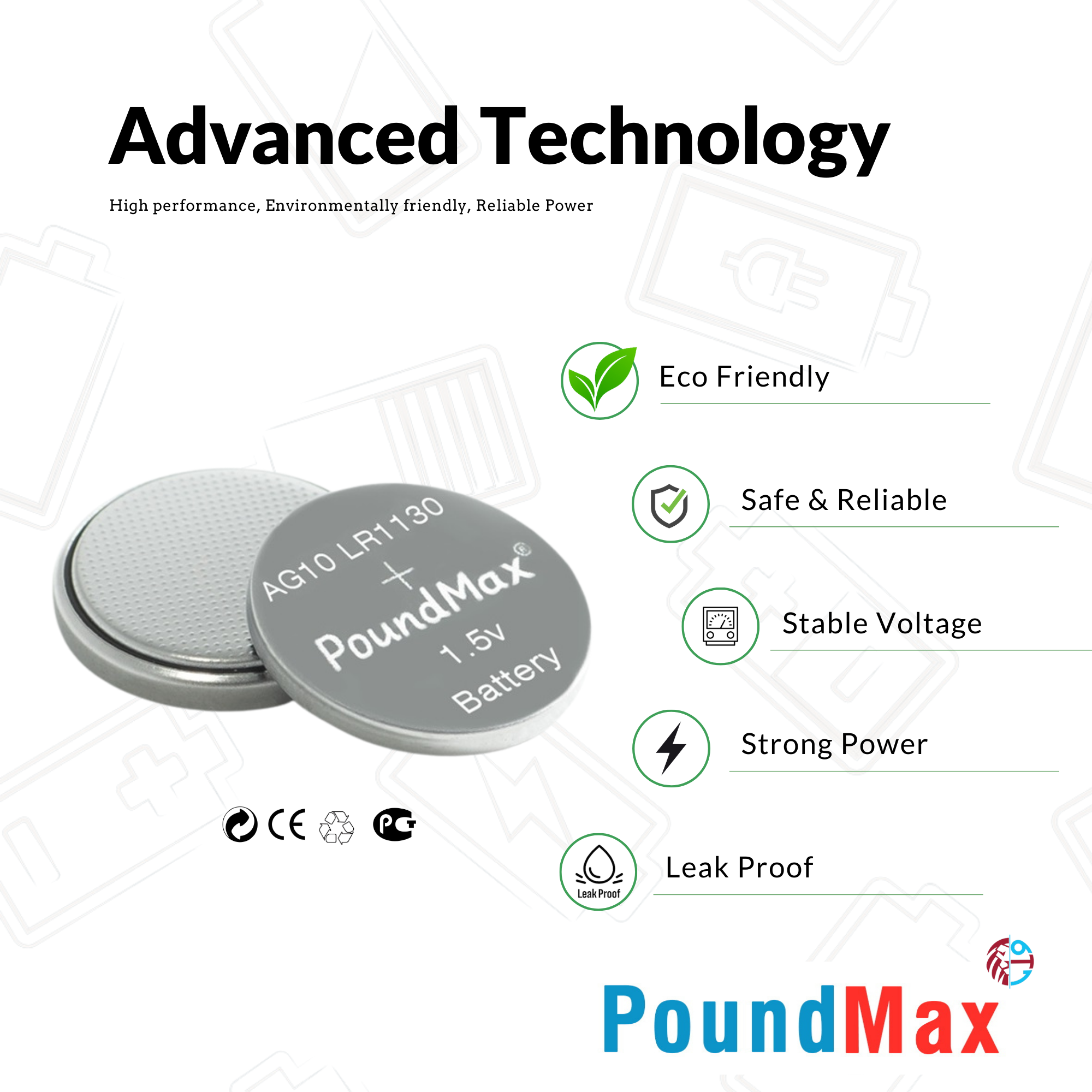 10 X PoundMax AG10, LR1130 LR54 1.5v ALKALINE BUTTON Battery