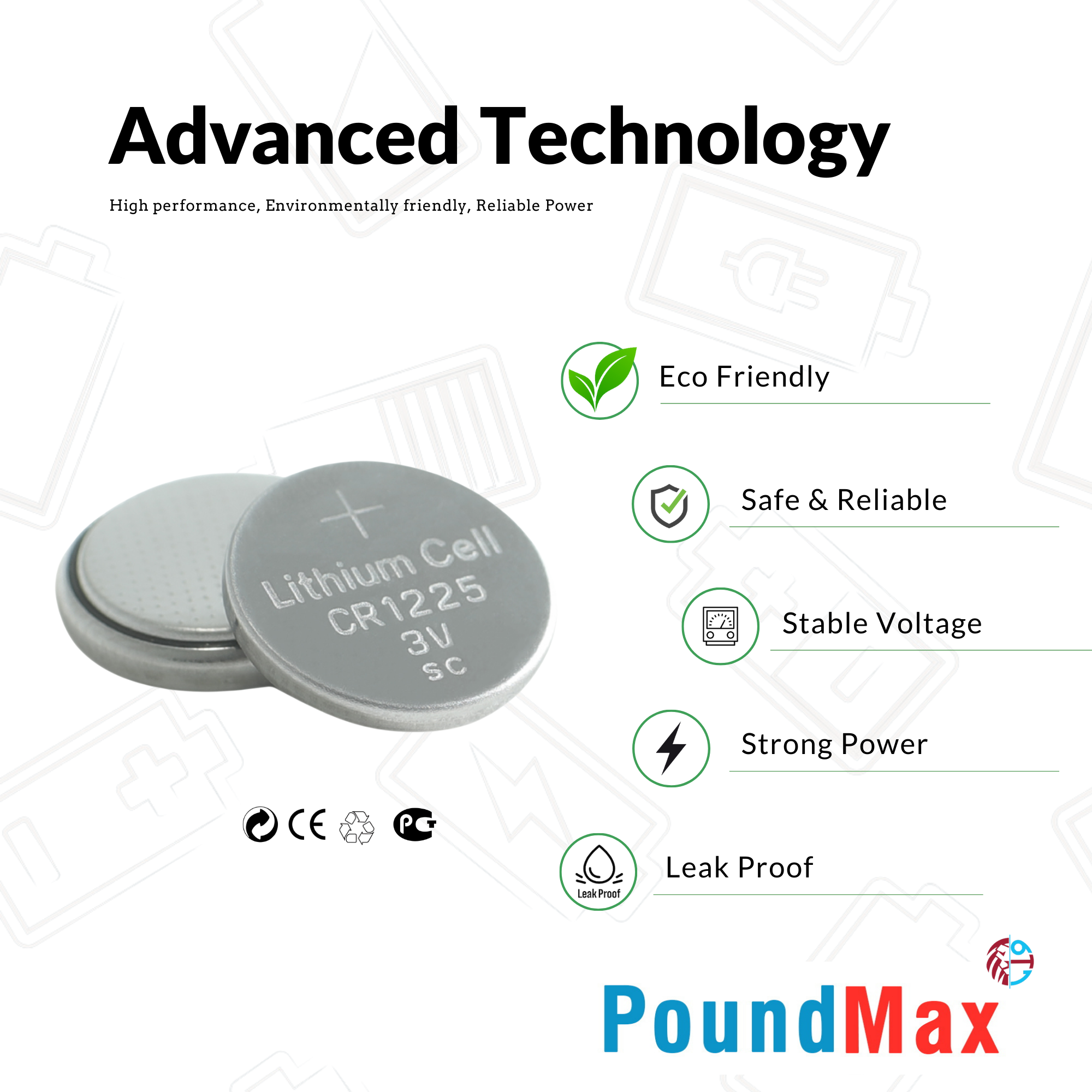 5 X 1225 CR1225 DL1225,ECR1225, BR1225, 3V PoundMax Lithium Coin Batteries