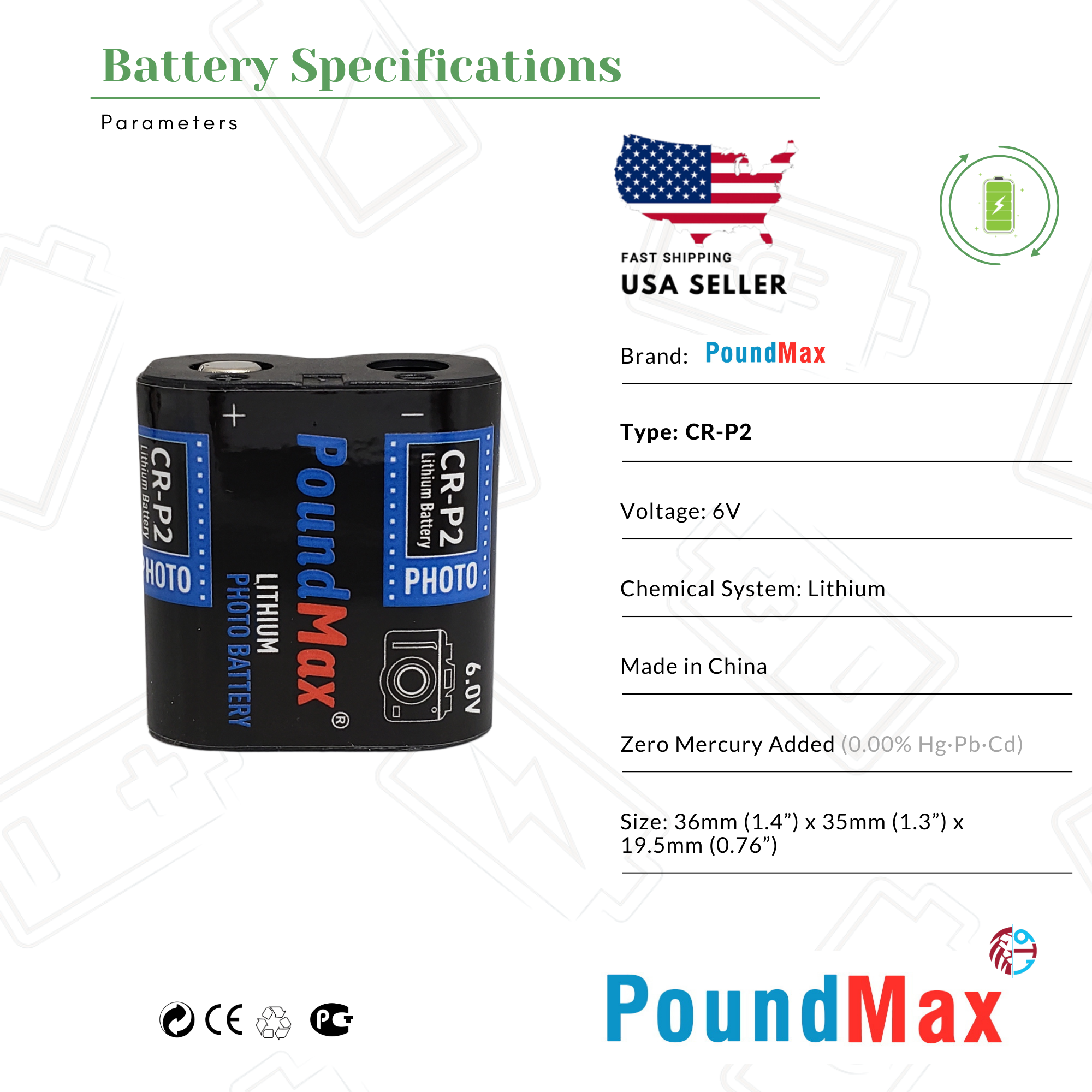 CRP2 6V PoundMax Lithium Power Photo Battery CR-P2 223 CR223 DL223