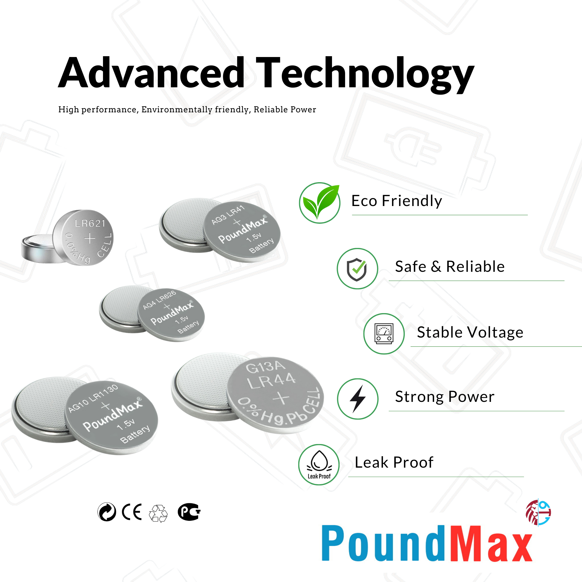 20 x AG1 AG3 AG4 AG10 AG13 LR1130 PoundMax  Button Cell Alkaline Mixed Battery