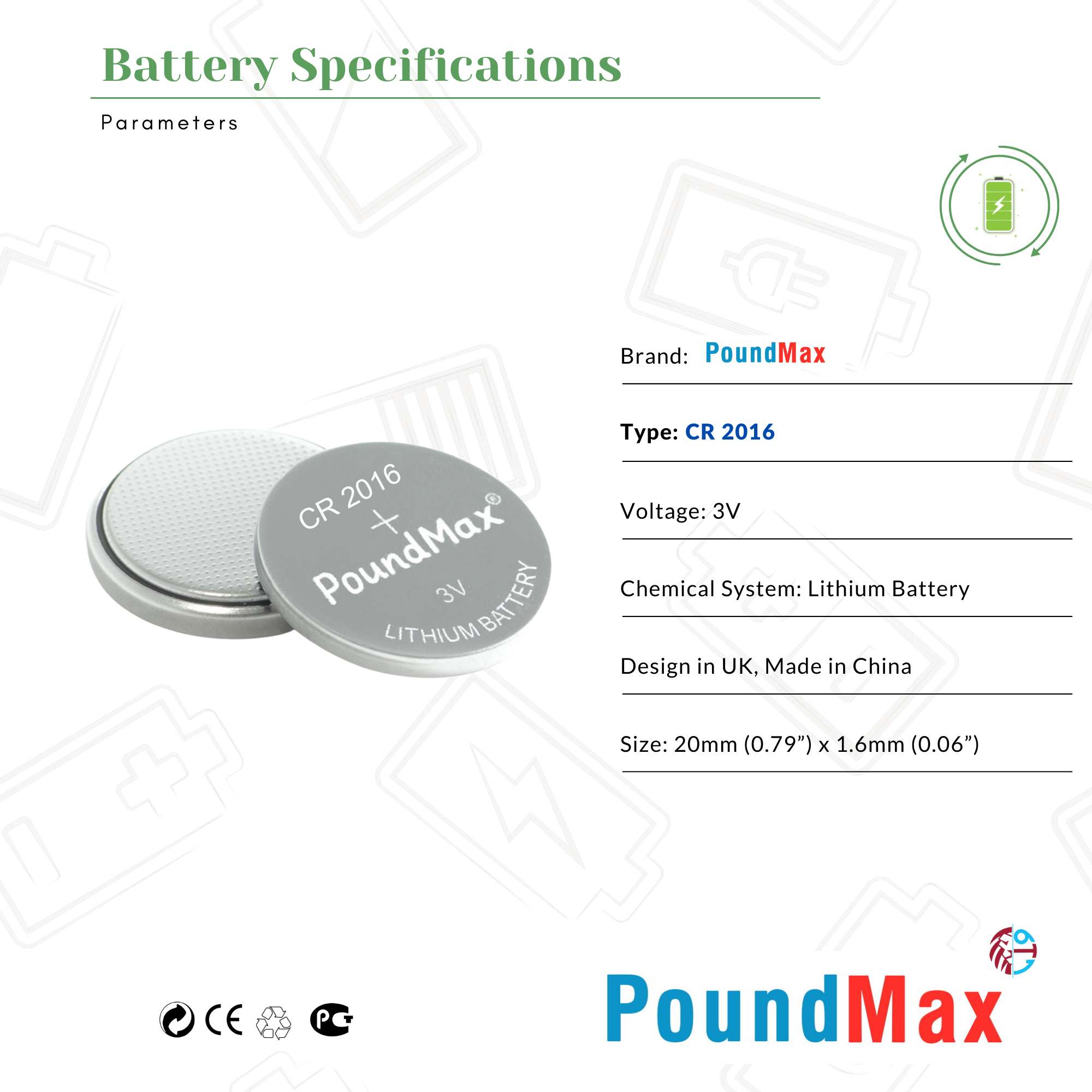 5 X PoundMax 2016 CR2016 R2016 DL2016 2016 SB -T11 3V BATTERIES Free Delivery