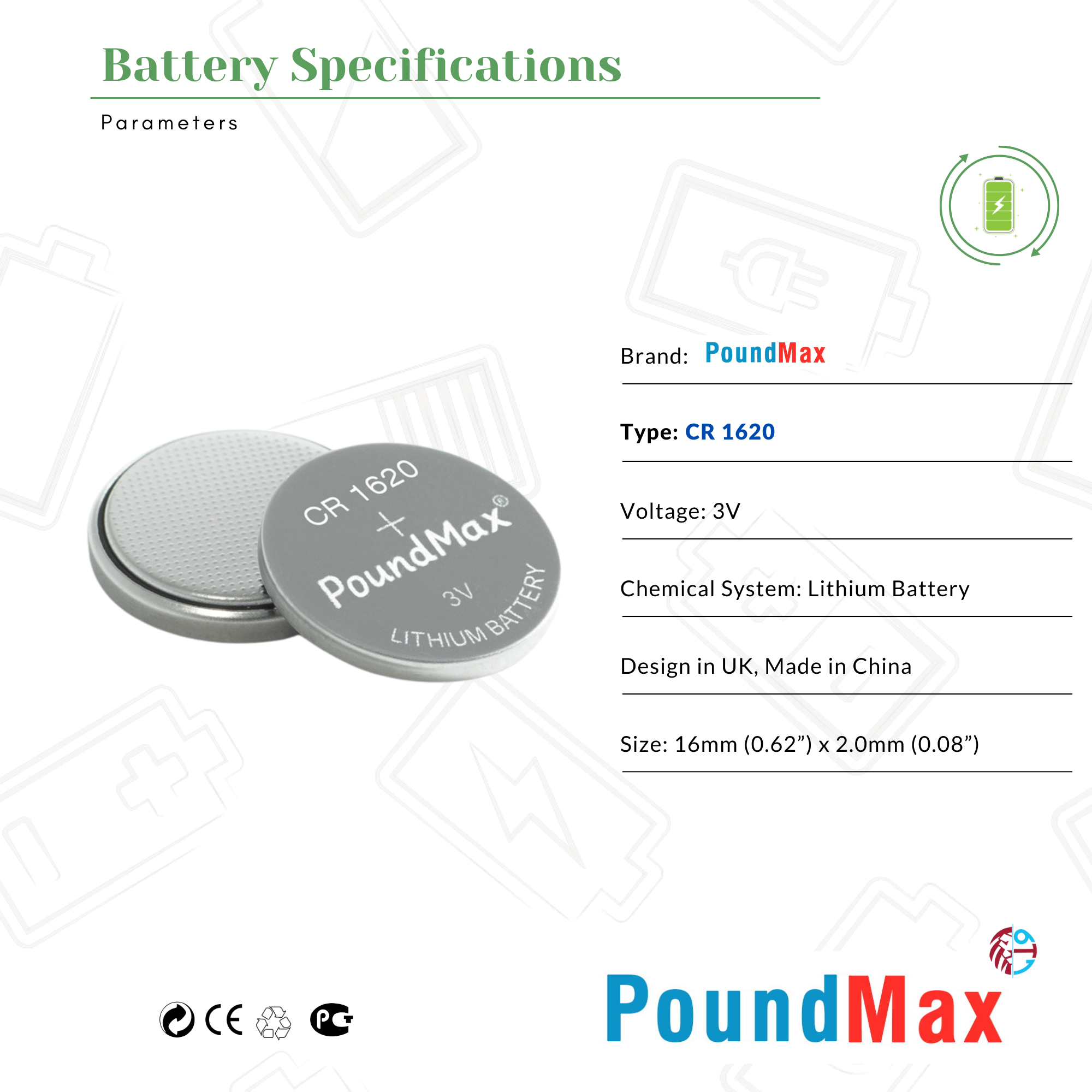 5 X 1620 CR1620 DL1620 ECR1620 3V PoundMax Lithium Coin Cell Batteries