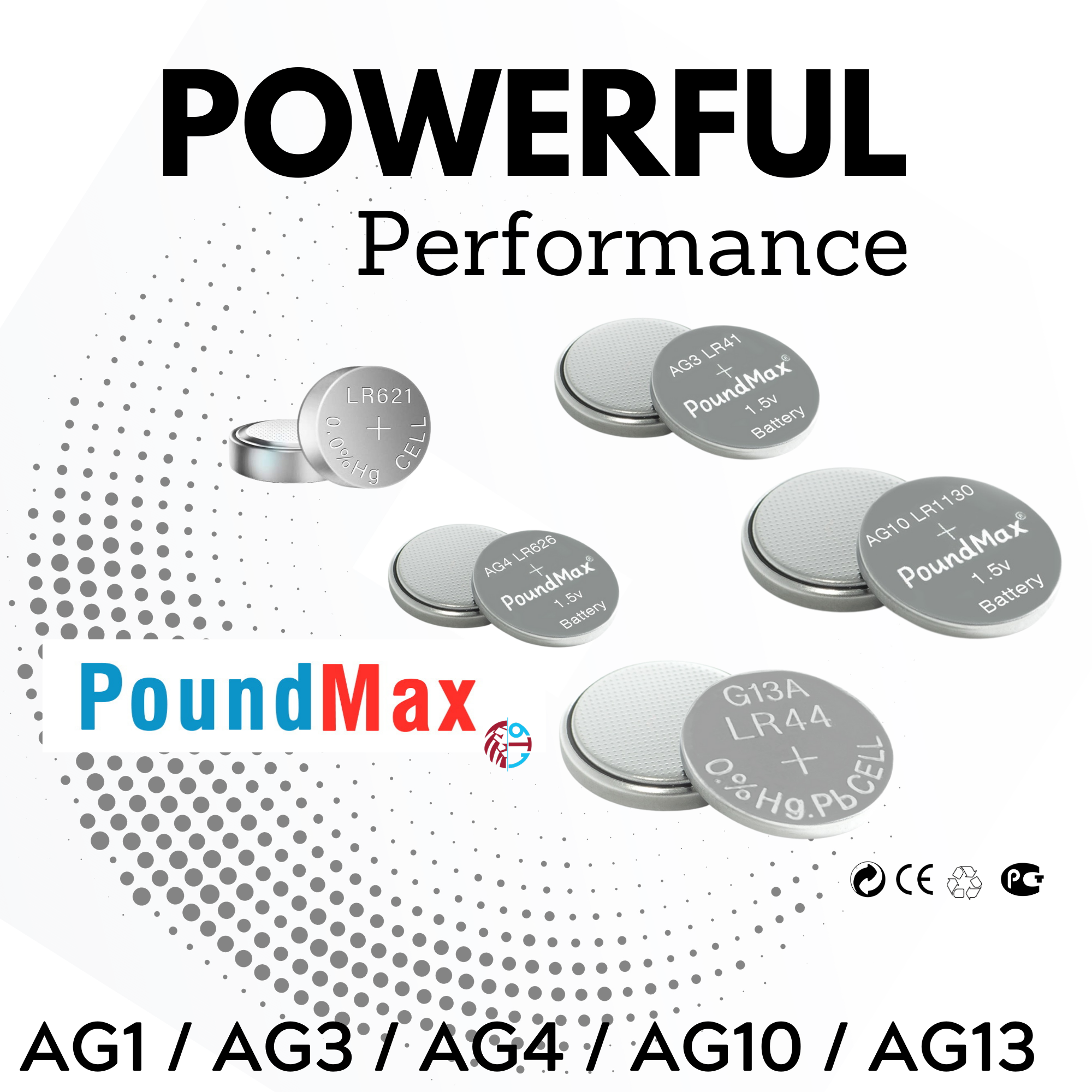 20 x AG1 AG3 AG4 AG10 AG13 LR1130 PoundMax  Button Cell Alkaline Mixed Battery
