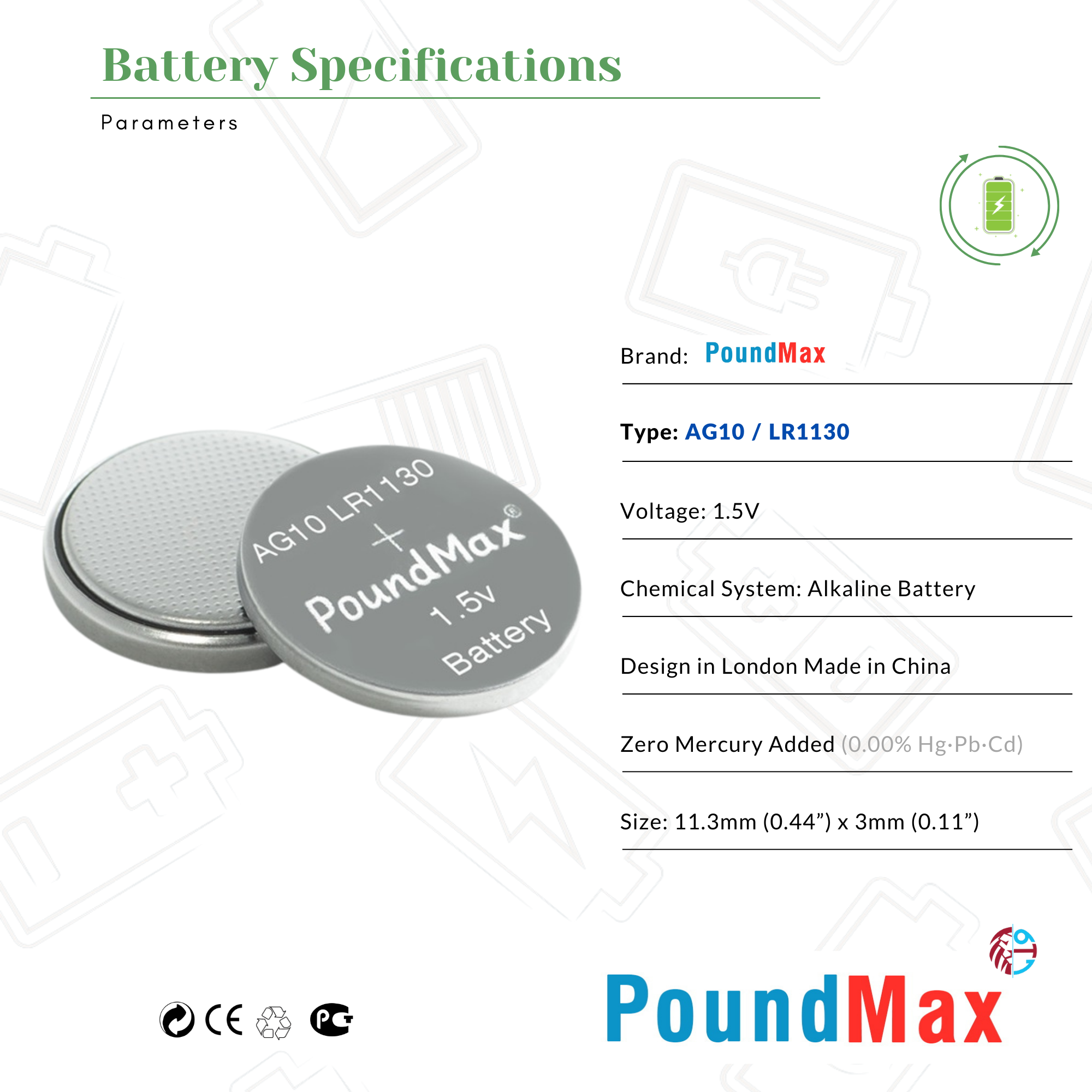 10 X PoundMax AG10, LR1130 LR54 1.5v ALKALINE BUTTON Battery