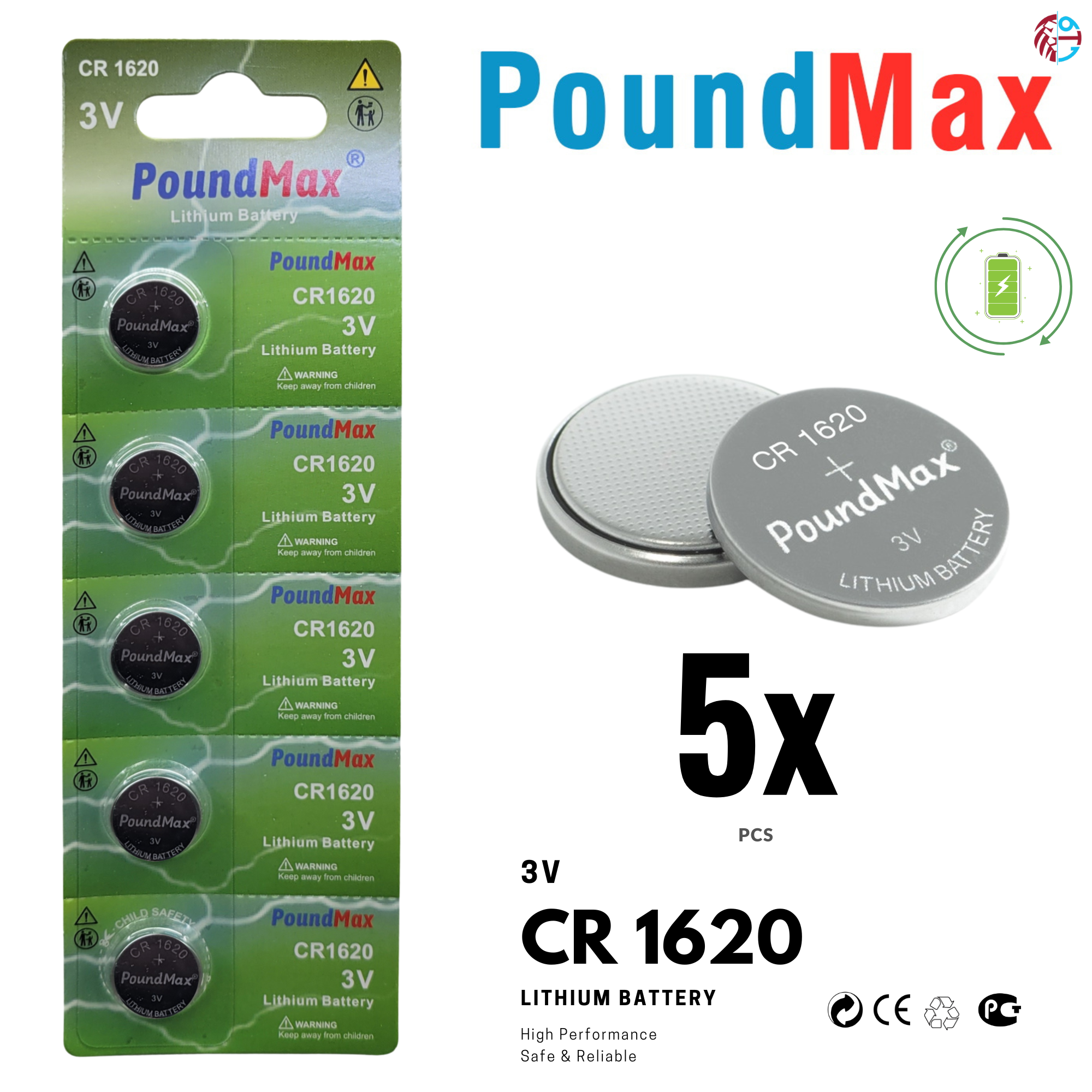 5 X 1620 CR1620 DL1620 ECR1620 3V PoundMax Lithium Coin Cell Batteries
